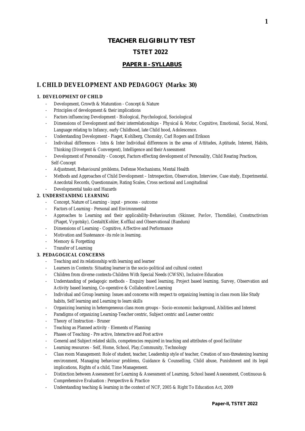 TS TET Syllabus for Paper 2 (Sanskrit) - Page 1