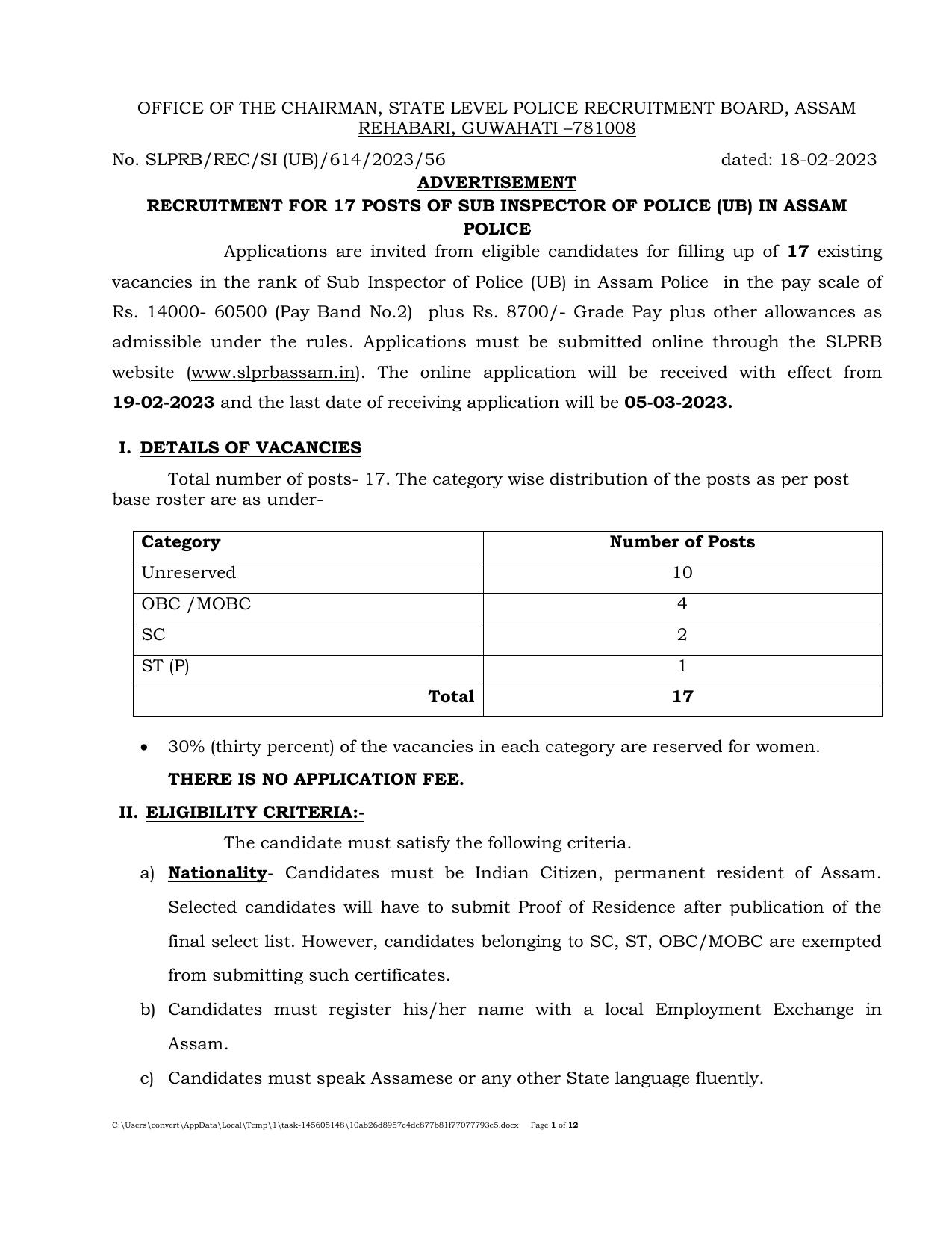 Assam Police 17 Sub Inspector Recruitment 2023 - Page 1