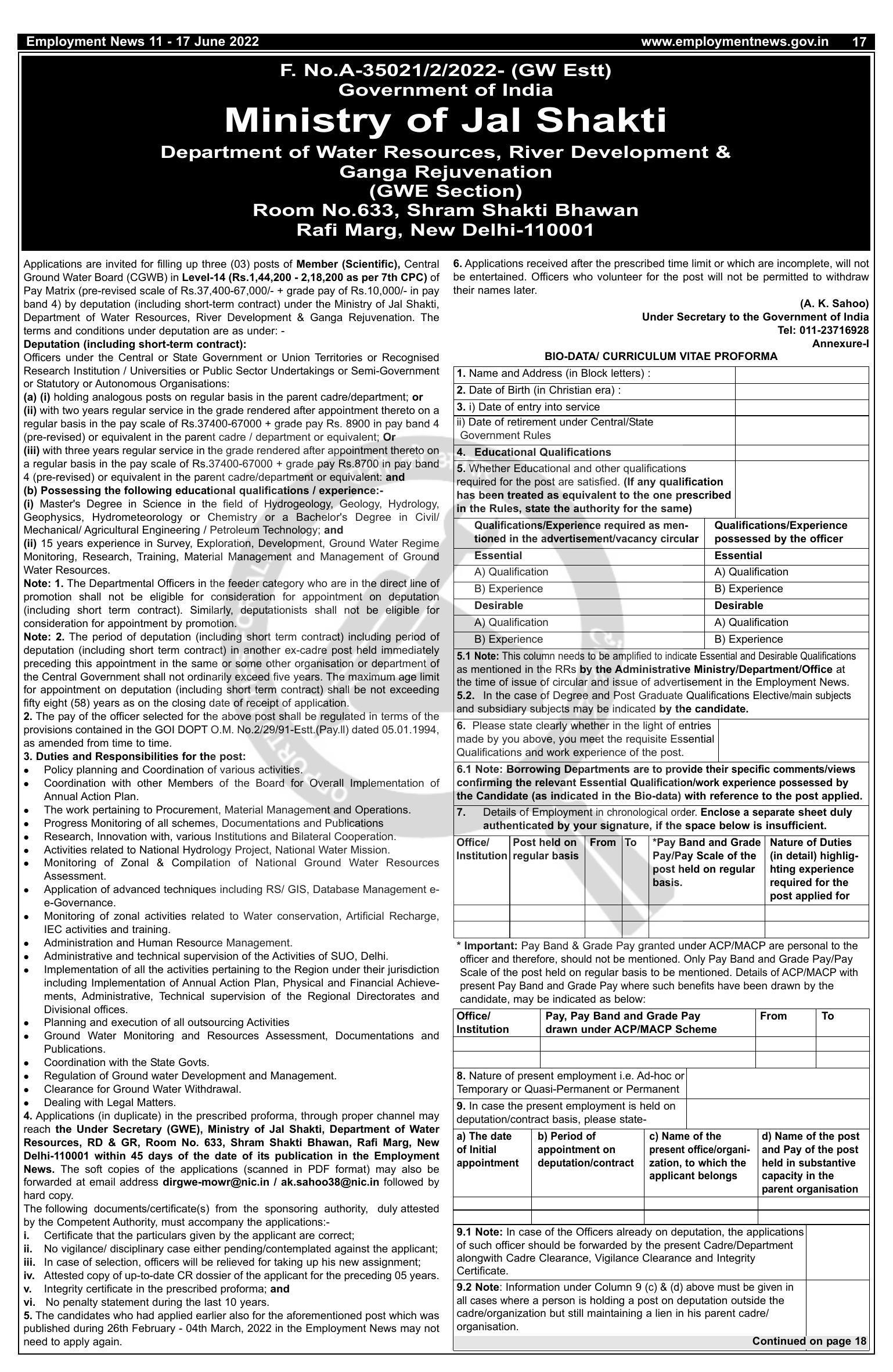 Central Ground Water Board (CGWB) Recruitment 2022 For 3 Member - Page 1