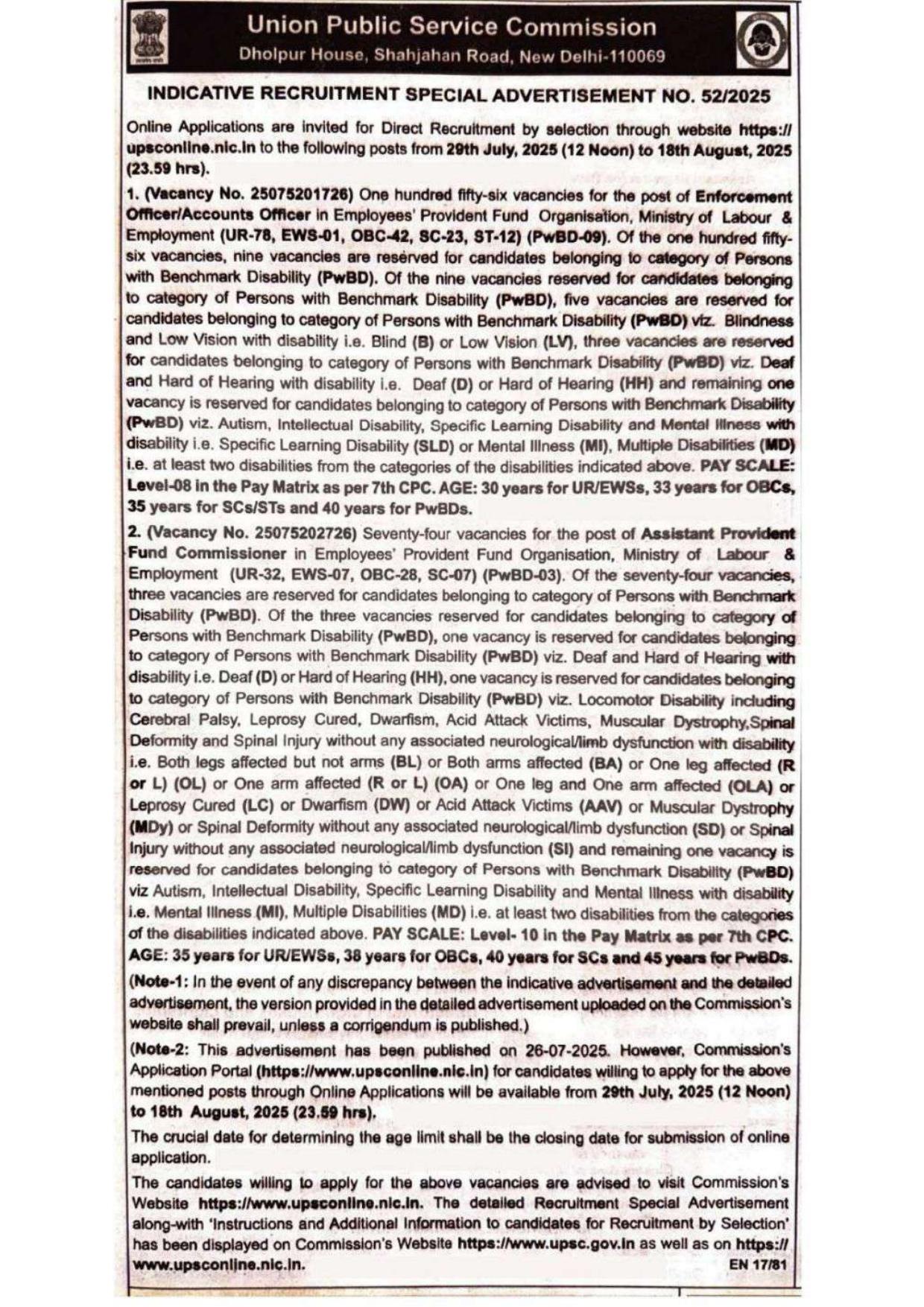 UPSC EPFO Invites Application for 230 APFC, Enforcement Officer/ Accounts Officer Recruitment 2025 - Page 1