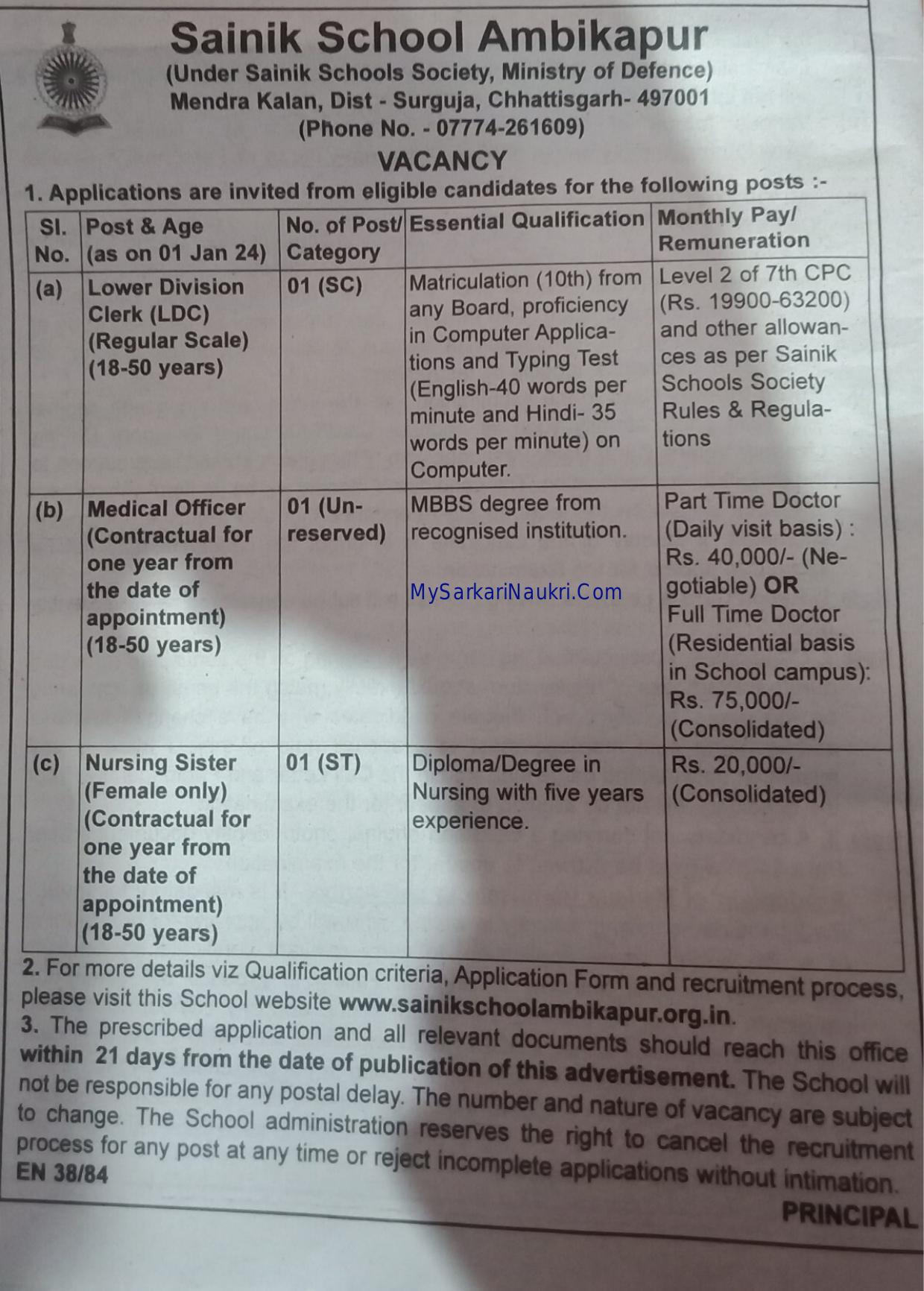 Sainik School Ambikapur LDC, Medical Officer, Nursing Sister Recruitment 2023 - Page 1