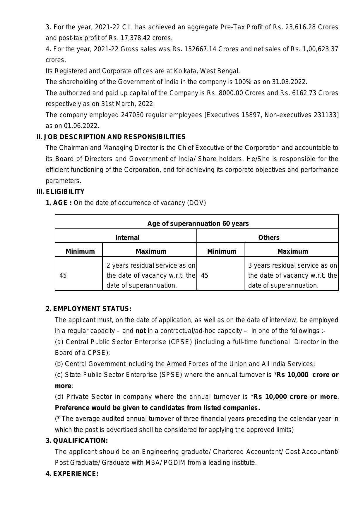 Coal India Limited Invites Application for Chairman and Managing Director Recruitment 2022 - Page 1