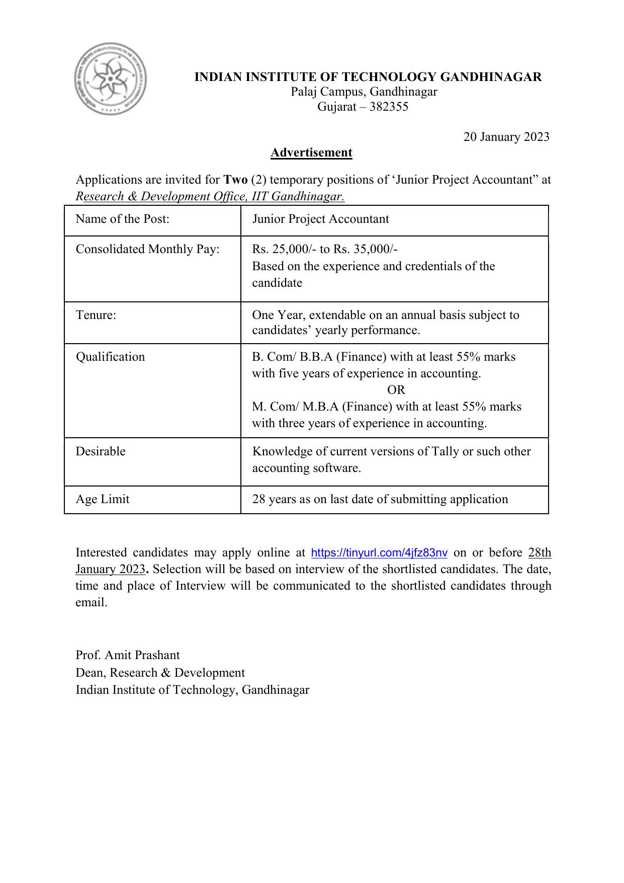 Indian Institute of Technology Gandhinagar (IIT Gandhinagar) Invites Application for Junior Project Accountant Recruitment 2023 - Page 1
