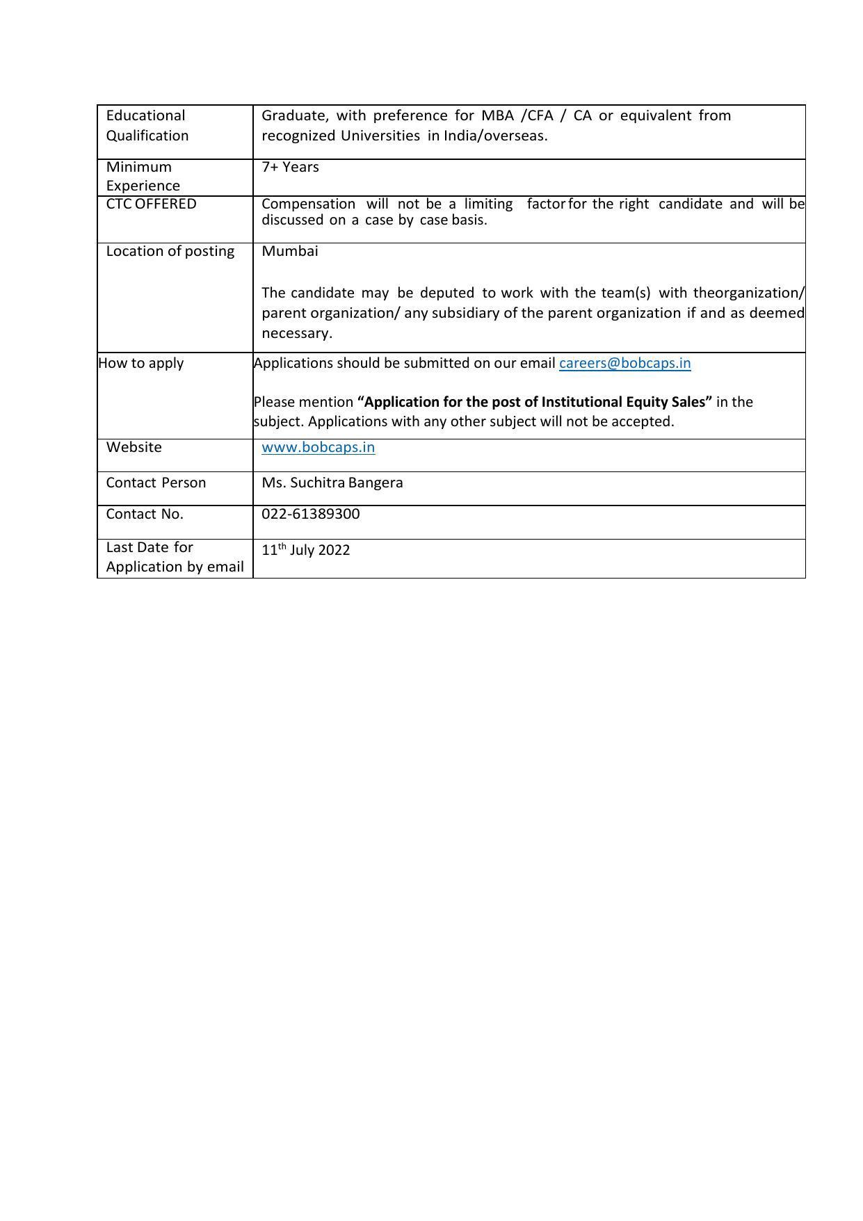 BOB Capital Markets Invites Application for Institutional Equity Sales Recruitment 2022 - Page 1