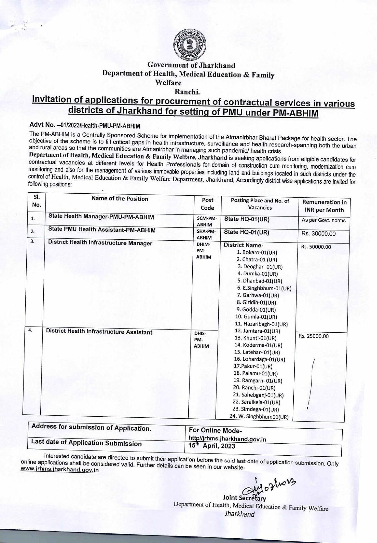 NHM Jharkhand District Health Infrastructure Manager and Various Posts Recruitment 2023 - Page 1