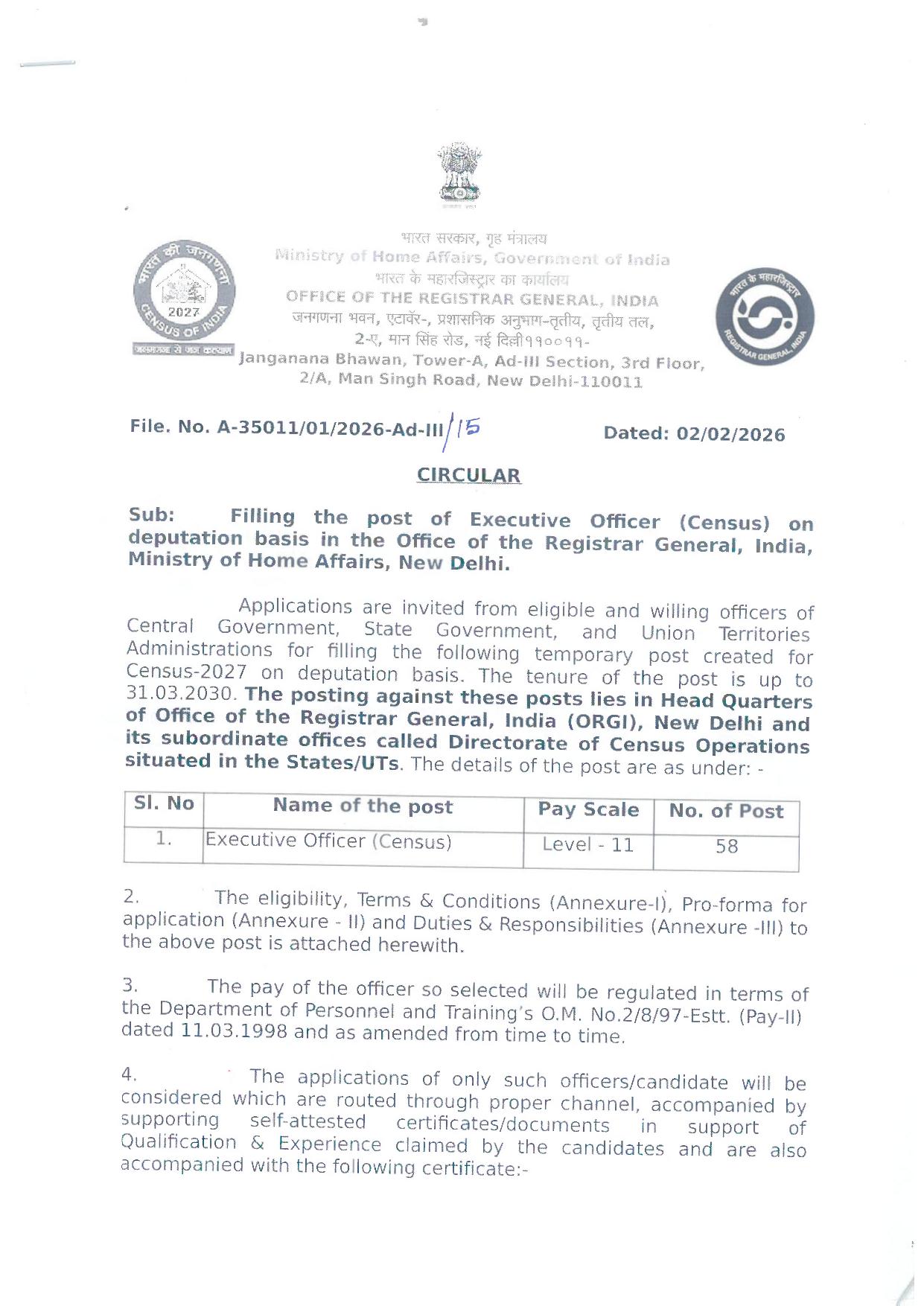 Registrar General MHA Recruitment 2026: Apply Offline for 58 Executive Officer (Census) Posts - Page 1