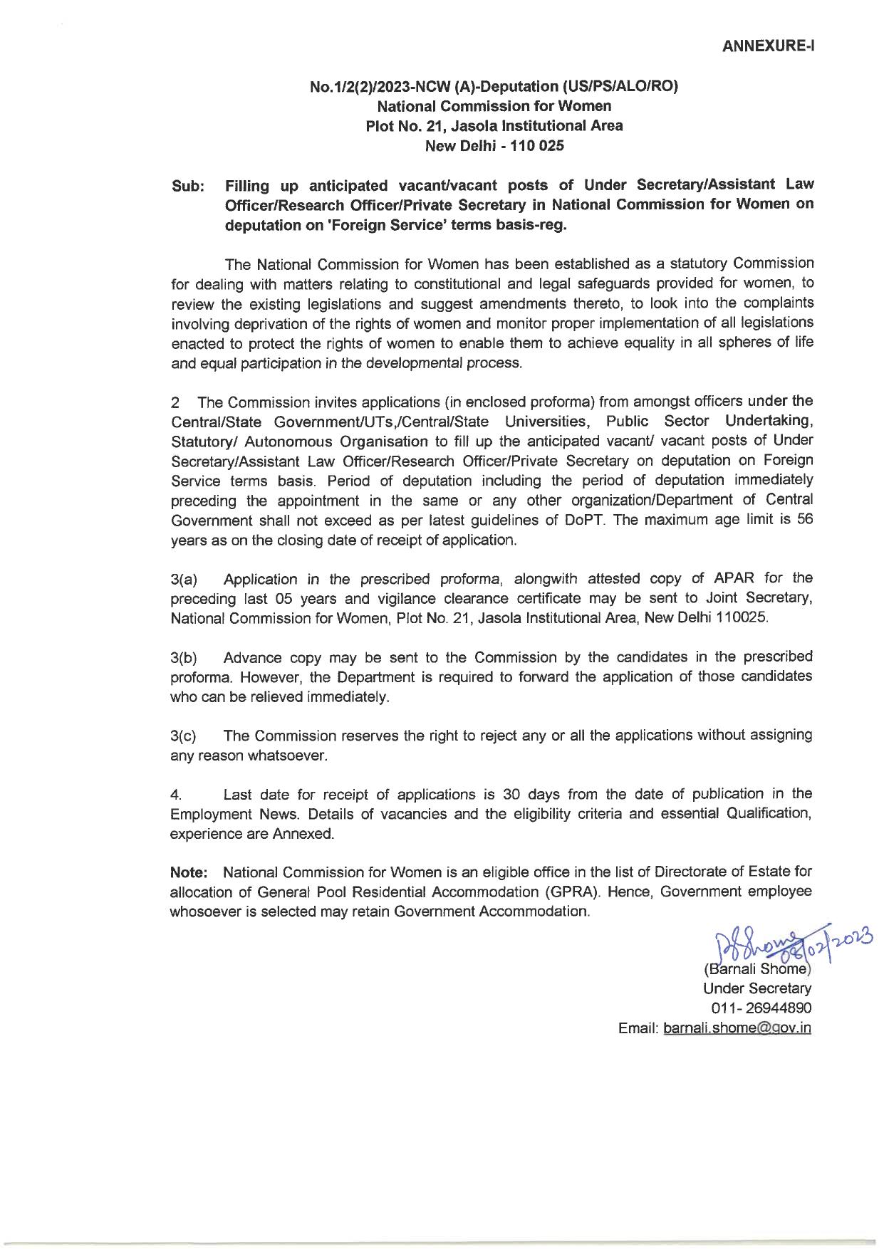 National Commission for Women Invites Application for 12 Under Secretary, Assistant Law Officer, More Vacancies Recruitment 2023 - Page 2