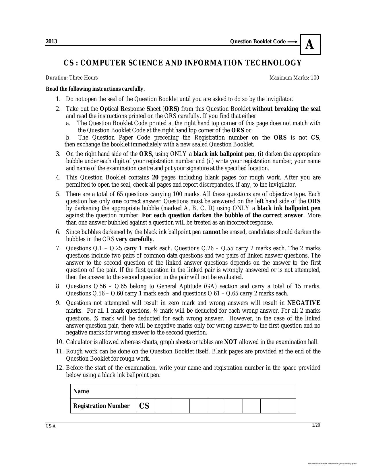 CSPHCL JE Computer Science Previous Question Paper - Page 1