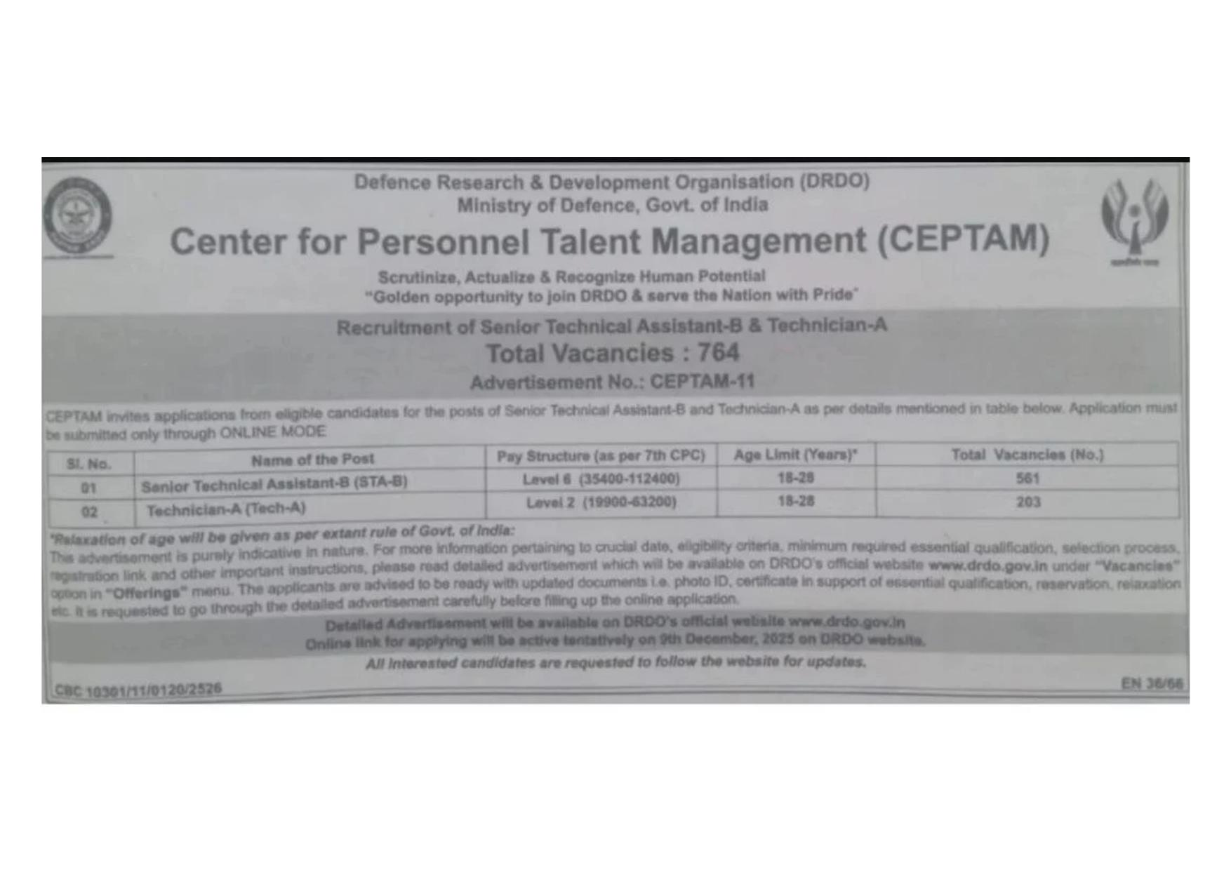 DRDO-CEPTAM Senior Technical Assistant-B, Technician-A Recruitment 2025 - Page 1