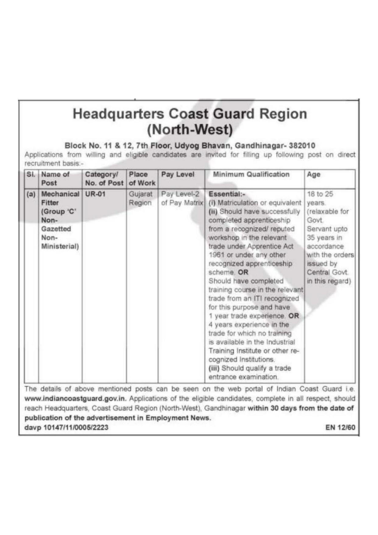 Indian Coast Guard Invites Application for Mechanical Fitter Recruitment 2022 - Page 1