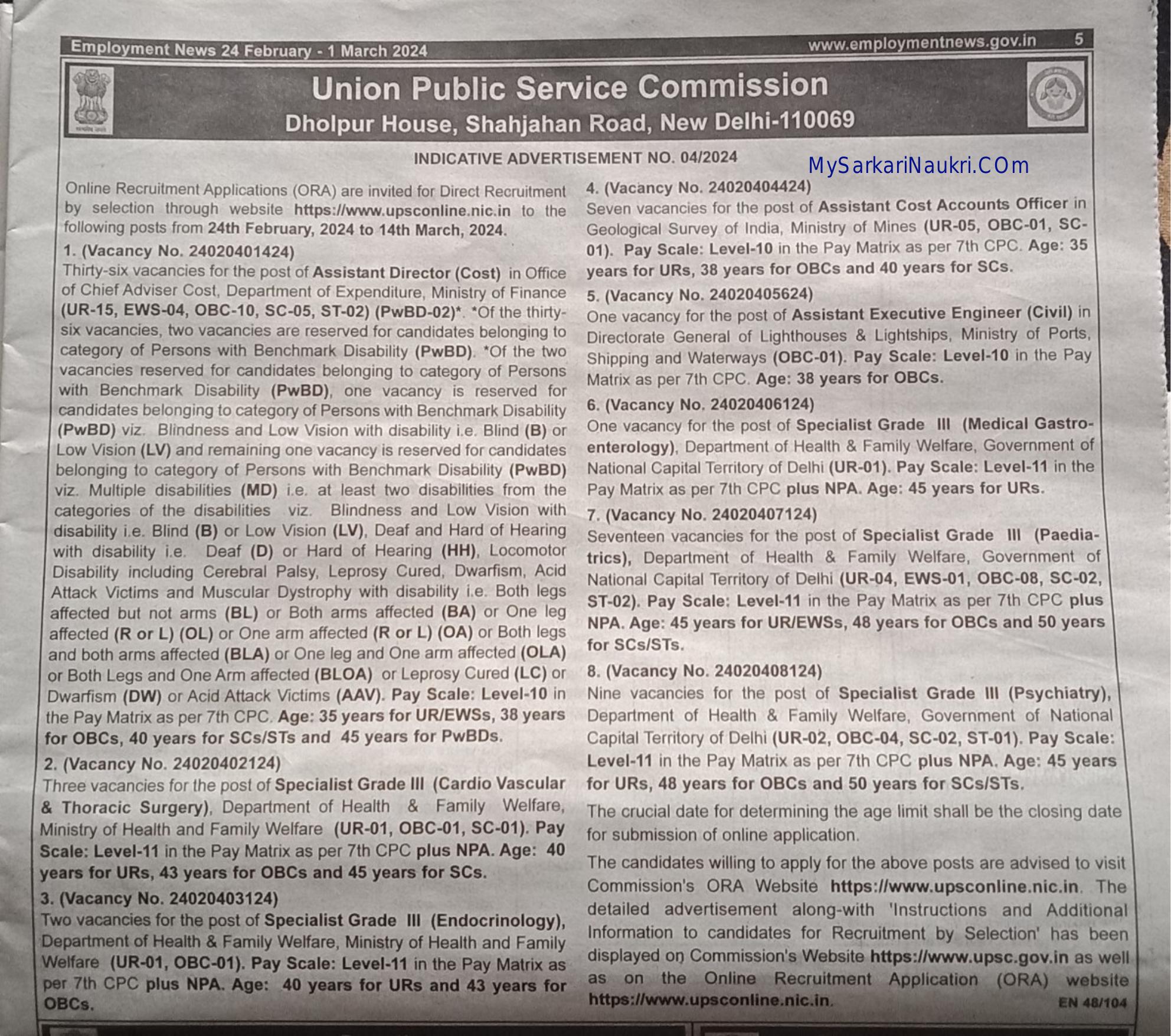 Union Public Service Commission (UPSC) Assistant Director and Various Posts Recruitment 2024 - Page 1