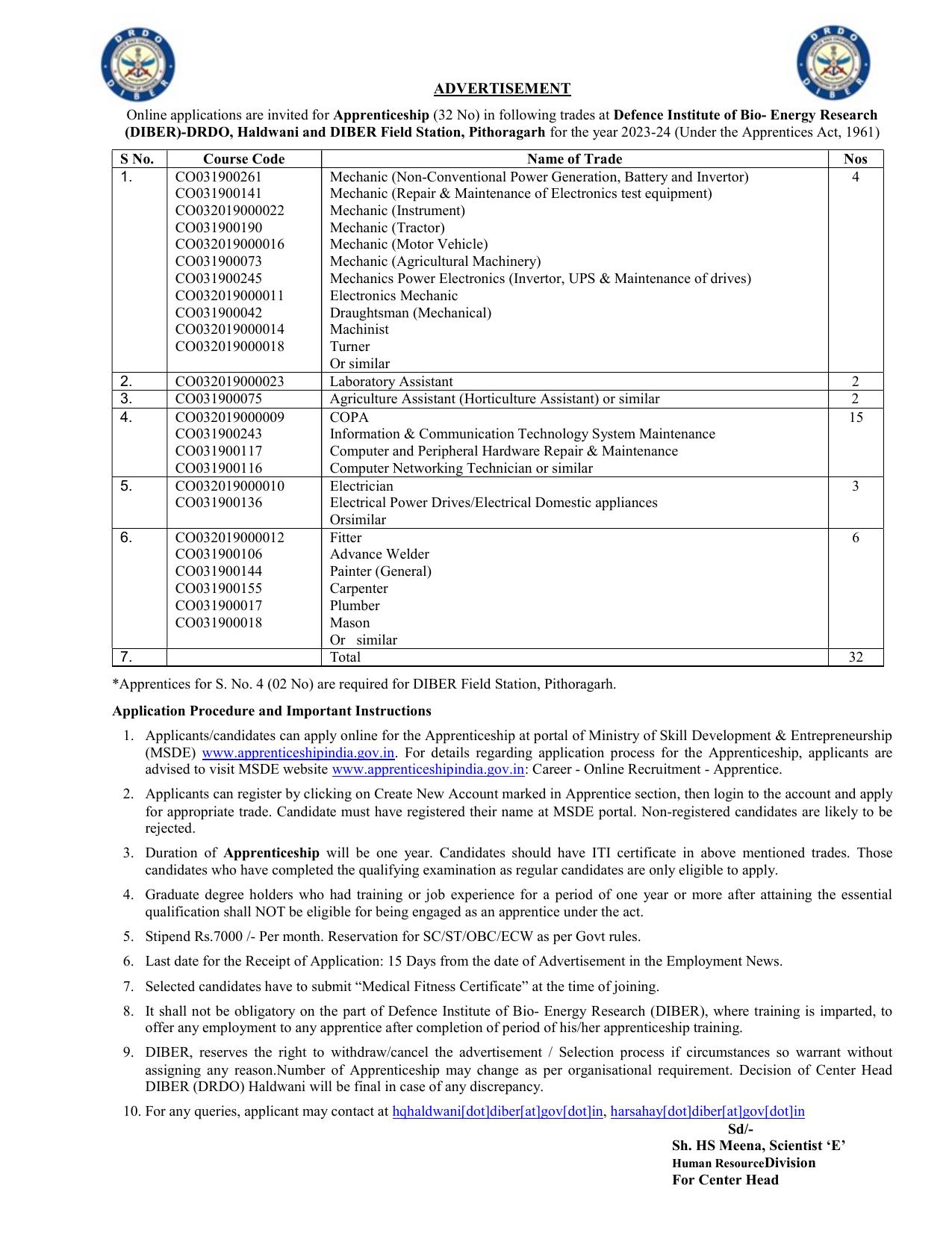 Defence Institute of Bio-Energy Research (DIBER) Apprentice Recruitment 2023 - Page 1