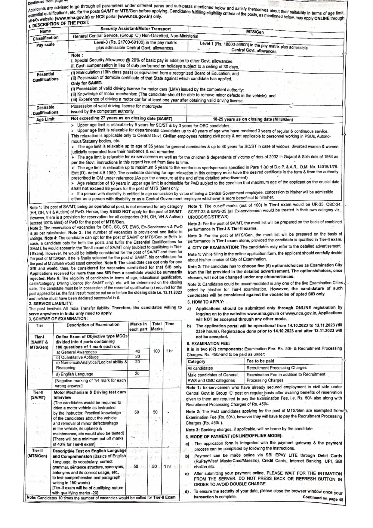 Intelligence Bureau (IB) Multi-Tasking Staff (MTS), Security Assistant Recruitment 2023 - Page 1