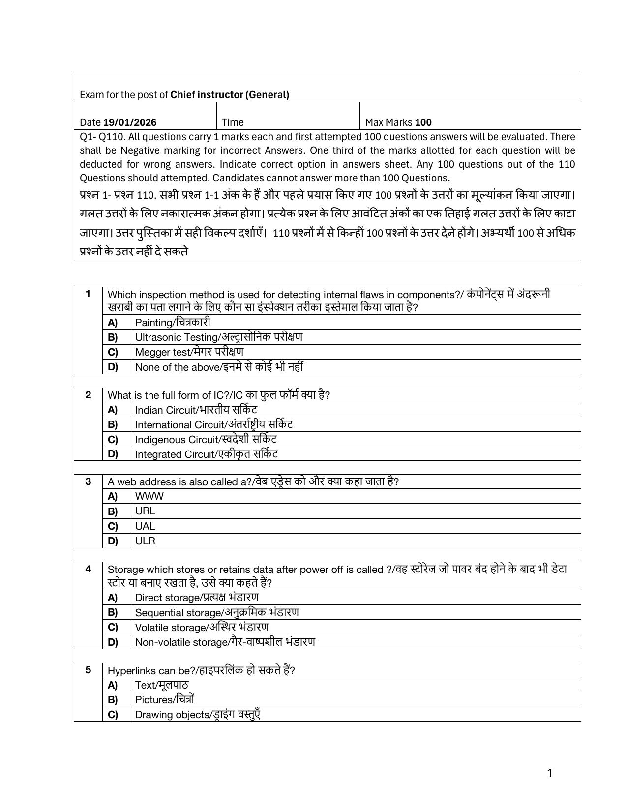 South Western Railway Chief Instructor General Level 7 (Shift-1) Question Paper - Page 1