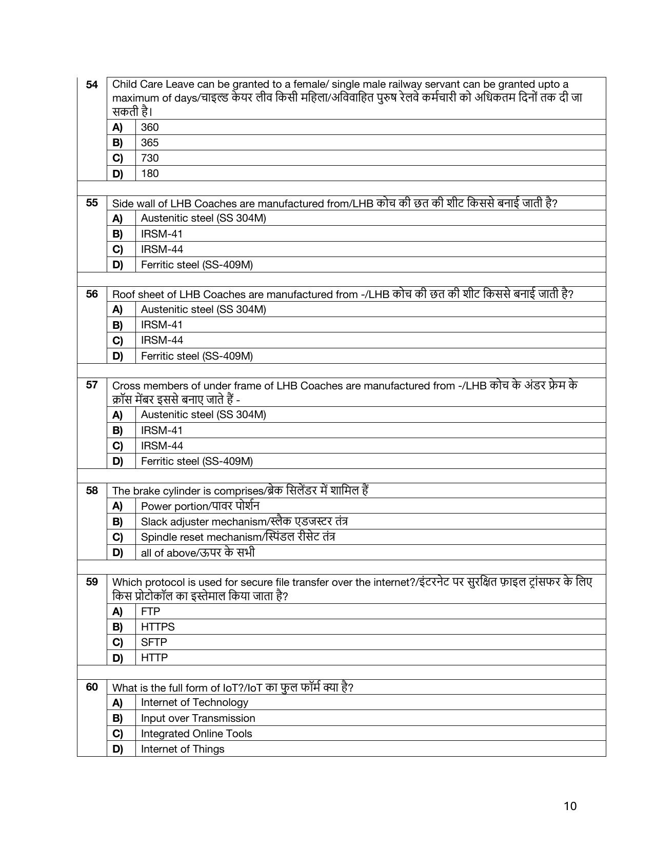 South Western Railway Chief Instructor General Level 7 (Shift-1) Question Paper - Page 10