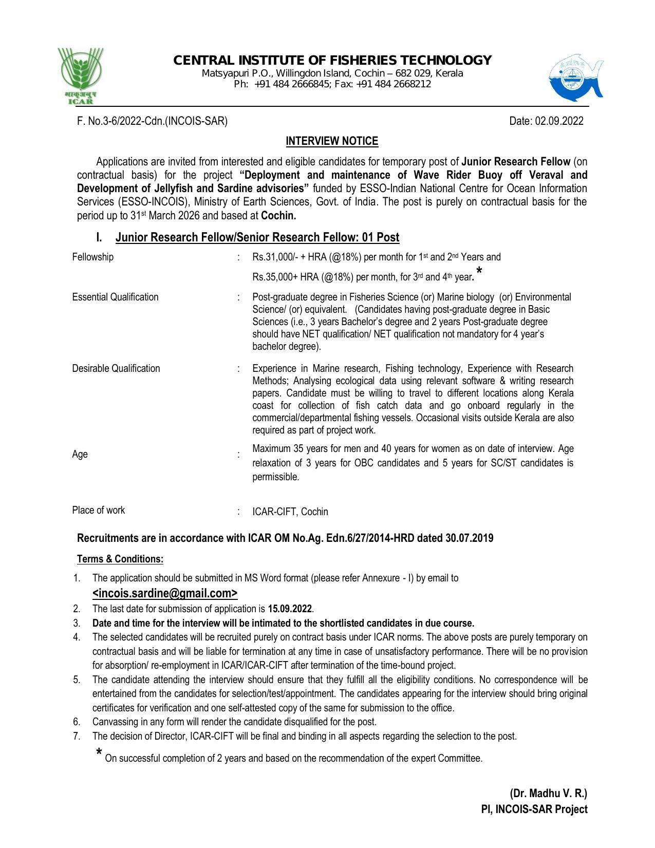 CIFT Recruitment 2022 for Junior Research Fellow/ Senior Research Fellow - Page 1
