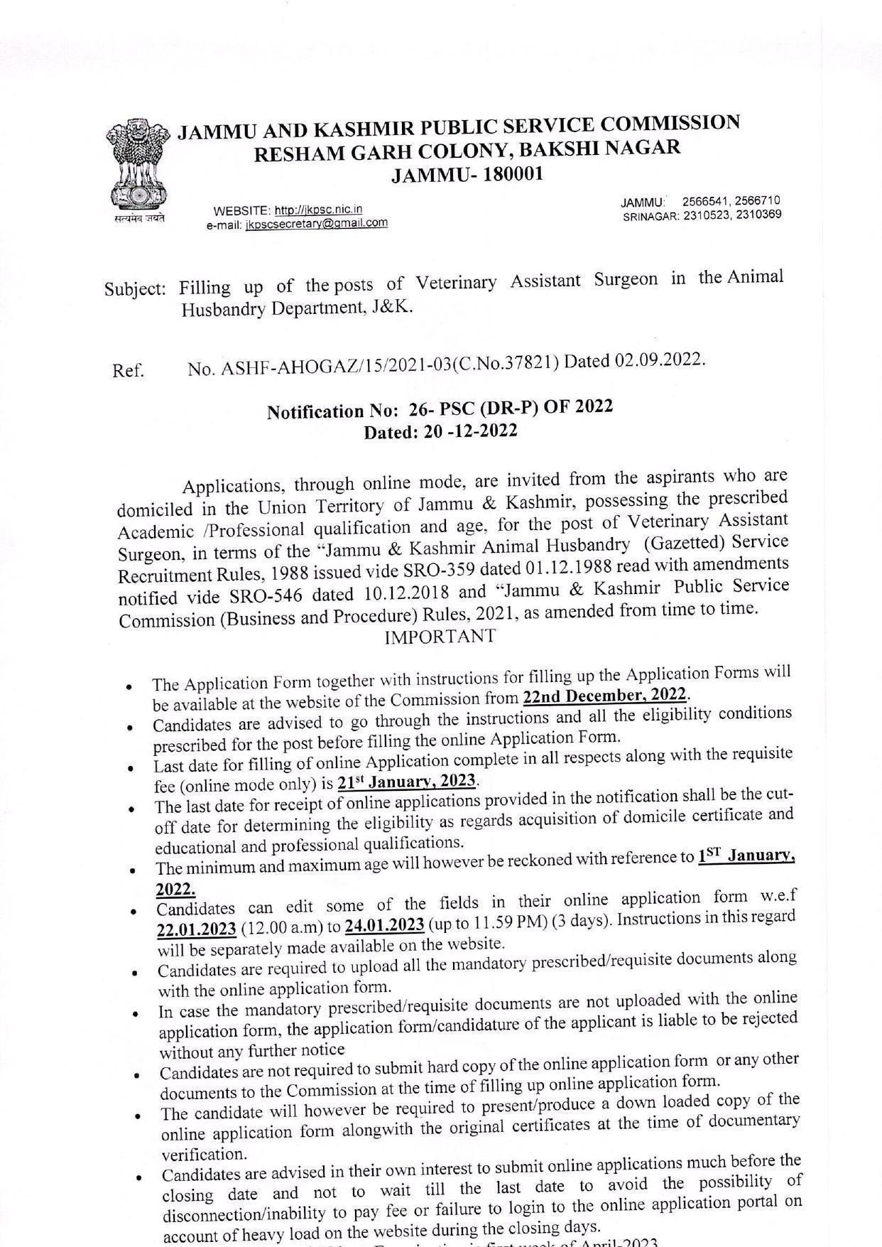 JKPSC Invites Application for 23 Veterinary Assistant Surgeon Recruitment 2023 - Page 4