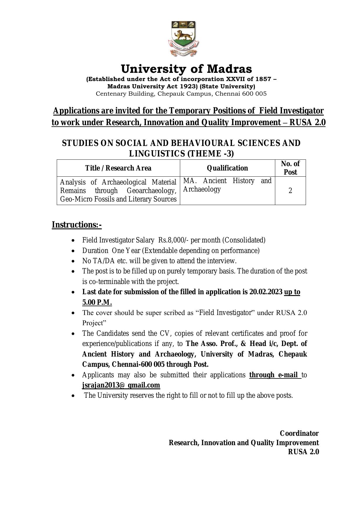 University of Madras Invites Application for Field Investigator Recruitment 2023 - Page 1