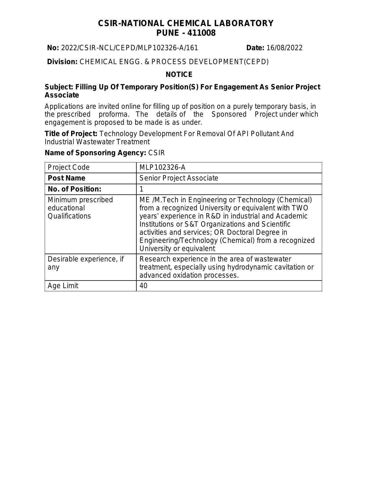 National Chemical Laboratory Invites Application for Senior Project