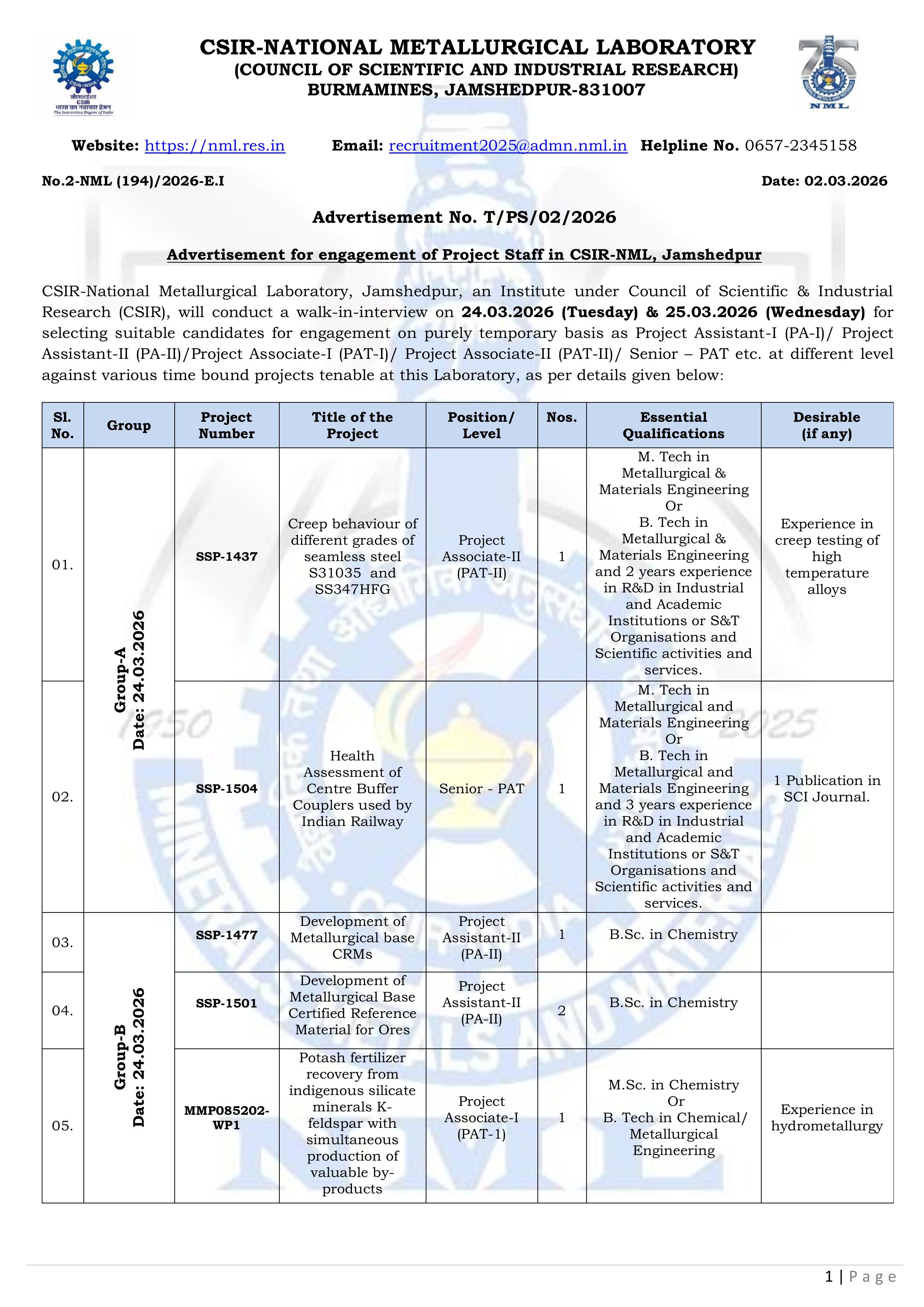 CSIR-NML Madras Centre Recruitment 2026 - Walk-in Interview for 34 Project Staff, Salary up to Rs. 42,000/- - Page 1