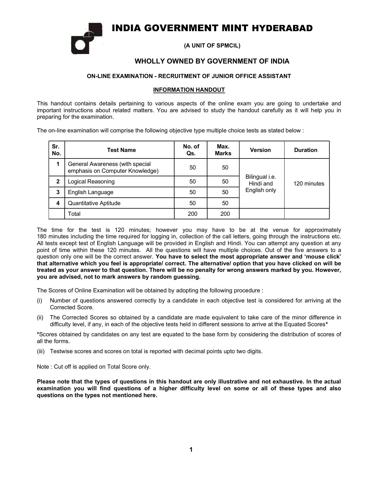 IGM Kolkata Junior Technician, JOA, Junior Bullion Assistant, Supervisor Model Paper - Page 1
