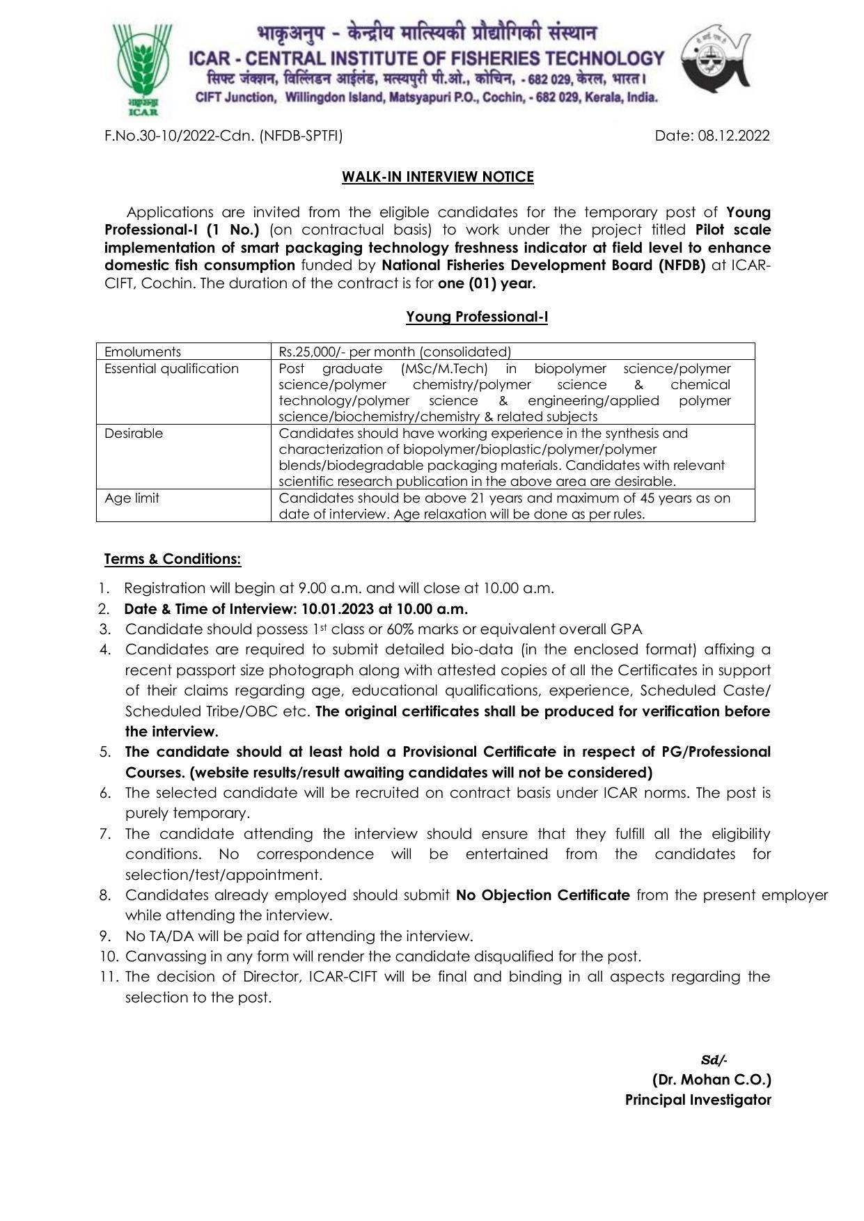 CIFT Invites Application for Young Professional-I Recruitment 2022 - Page 1