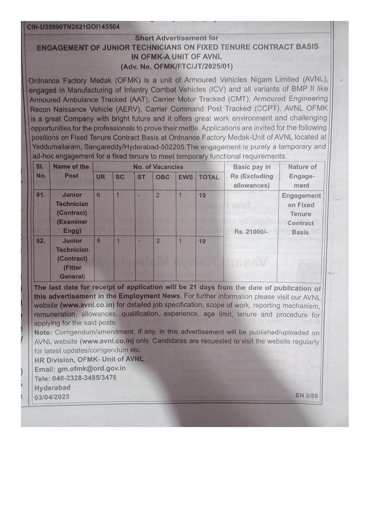 Ordnance Factory Medak (OFMK) Junior Technician Recruitment 2025 - Page 1