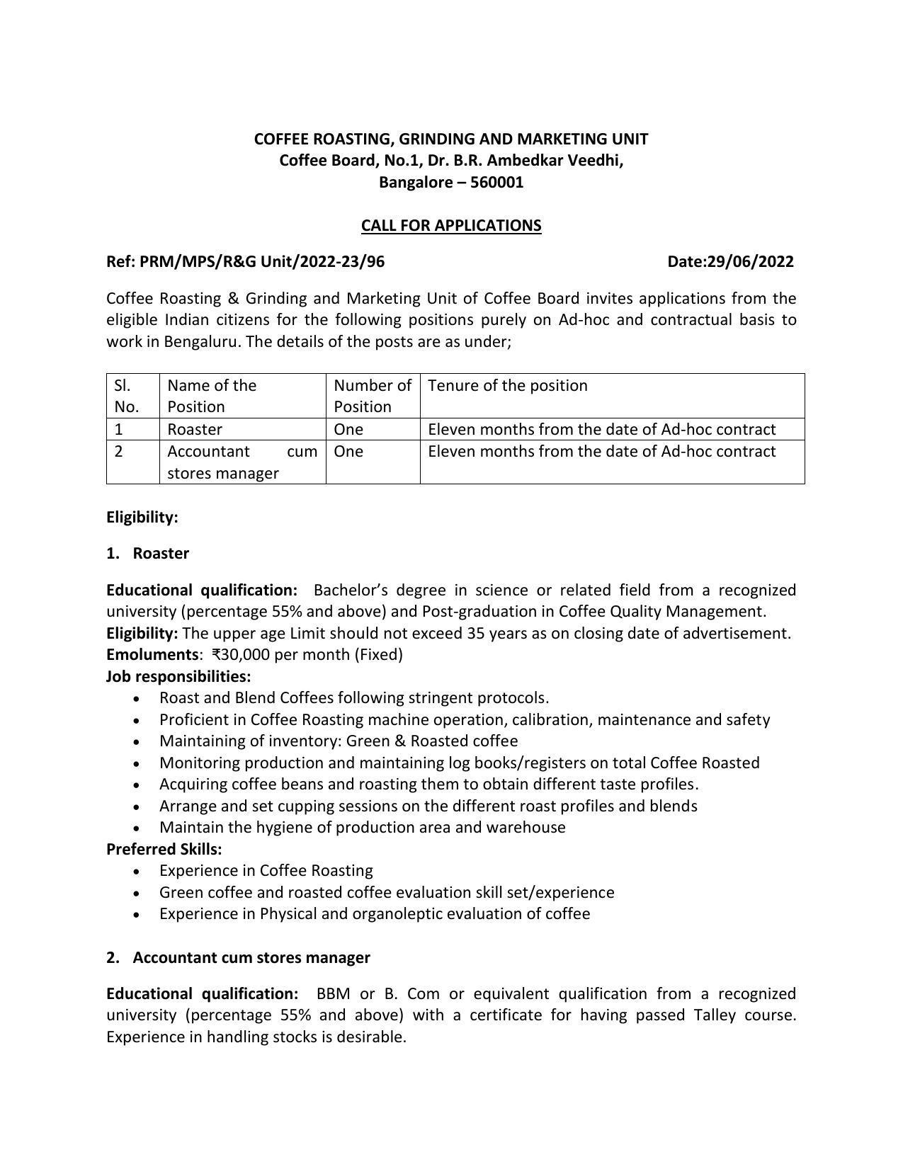 Coffee Board Invites Application for Accountant cum stores manager and Roaster Recruitment 2022 - Page 2