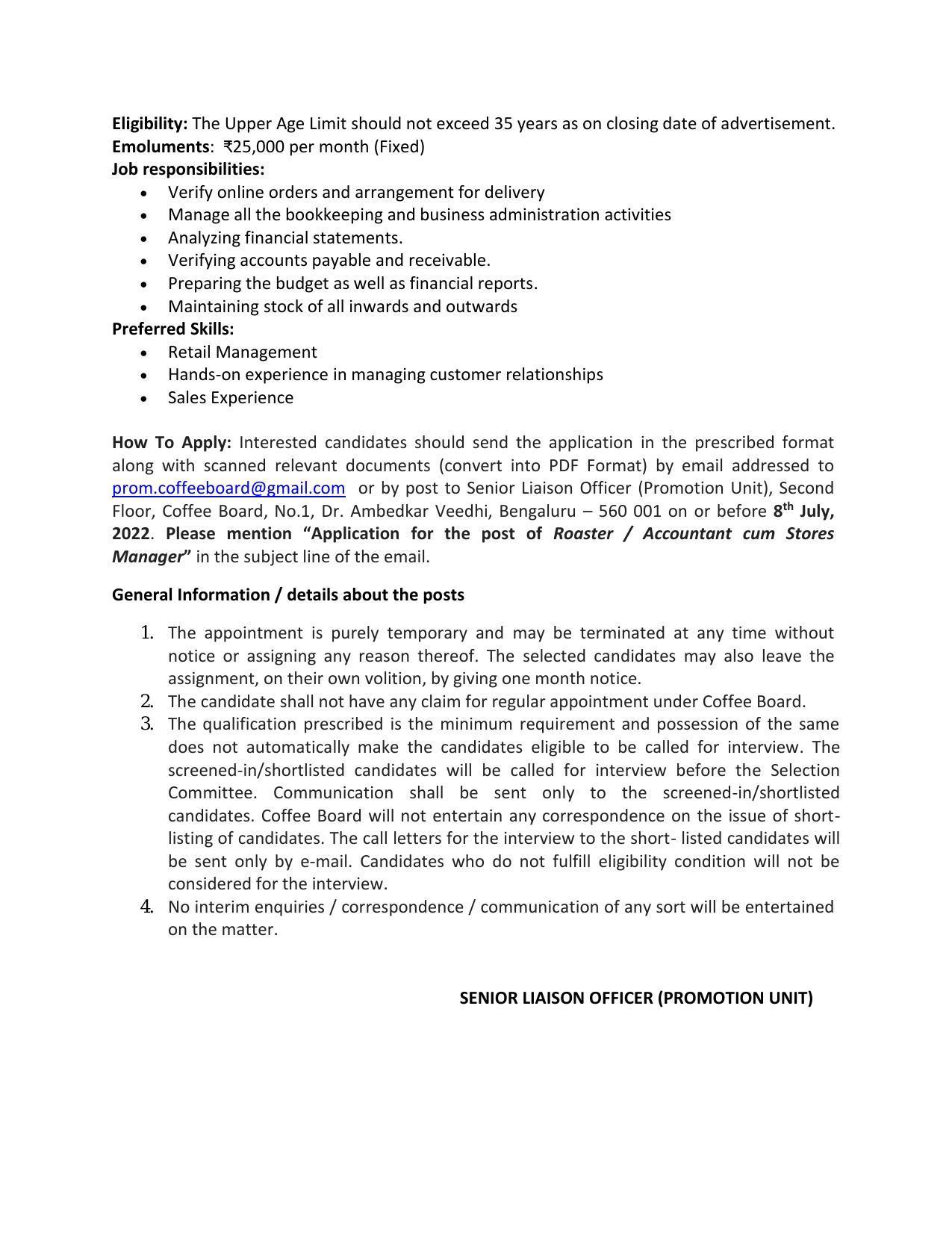 Coffee Board Invites Application for Accountant cum stores manager and Roaster Recruitment 2022 - Page 1