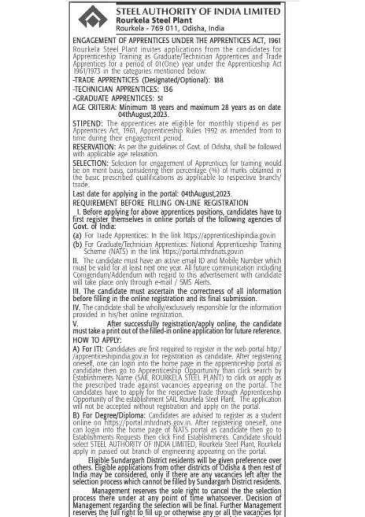 Rourkela Steel Plant Invites Application for 375 Trade Apprentice, Technician Apprentice, More Vacancies Recruitment 2023 - Page 1