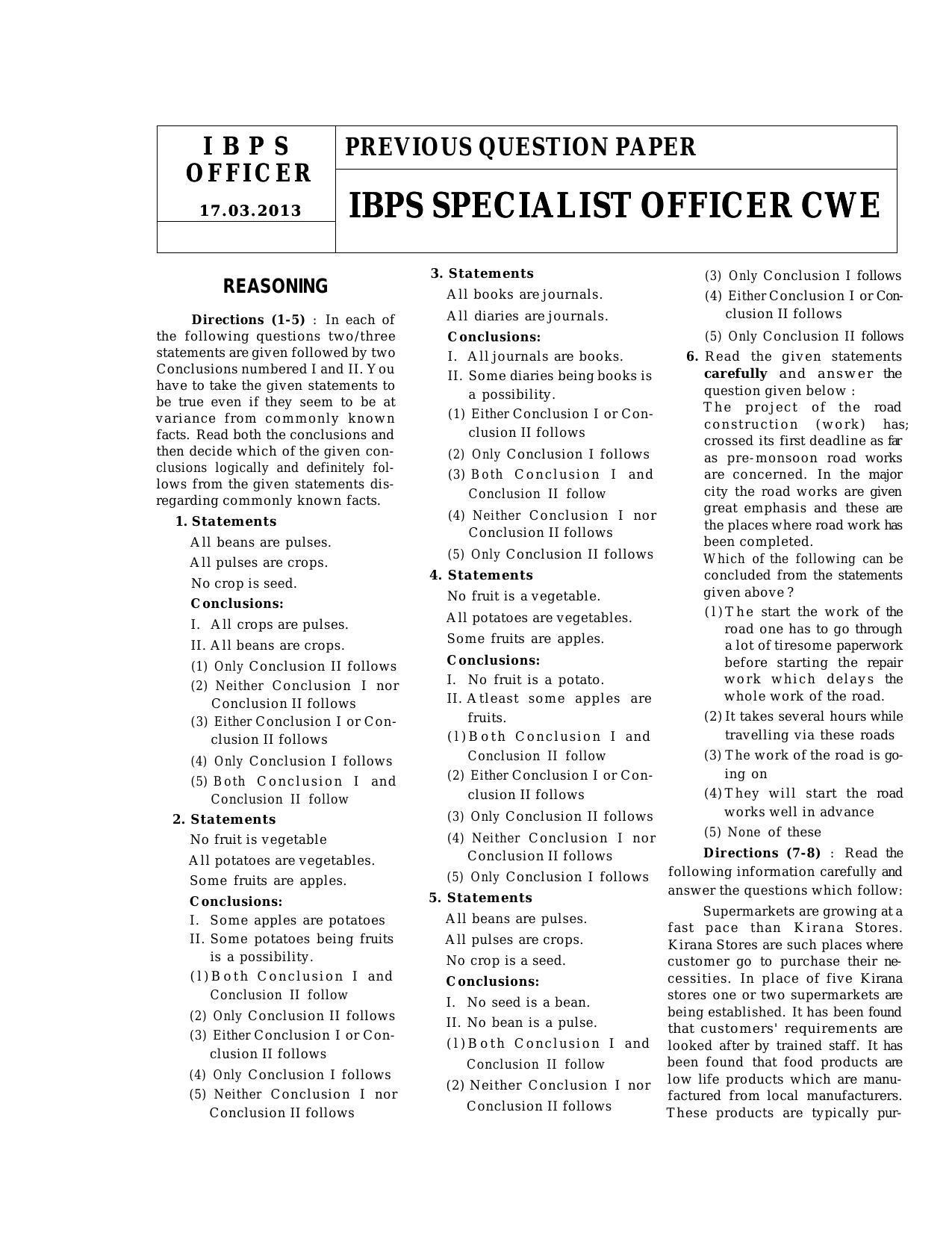 IBPS SO Reasoning And Quantitative Aptitude Question Paper - Page 3