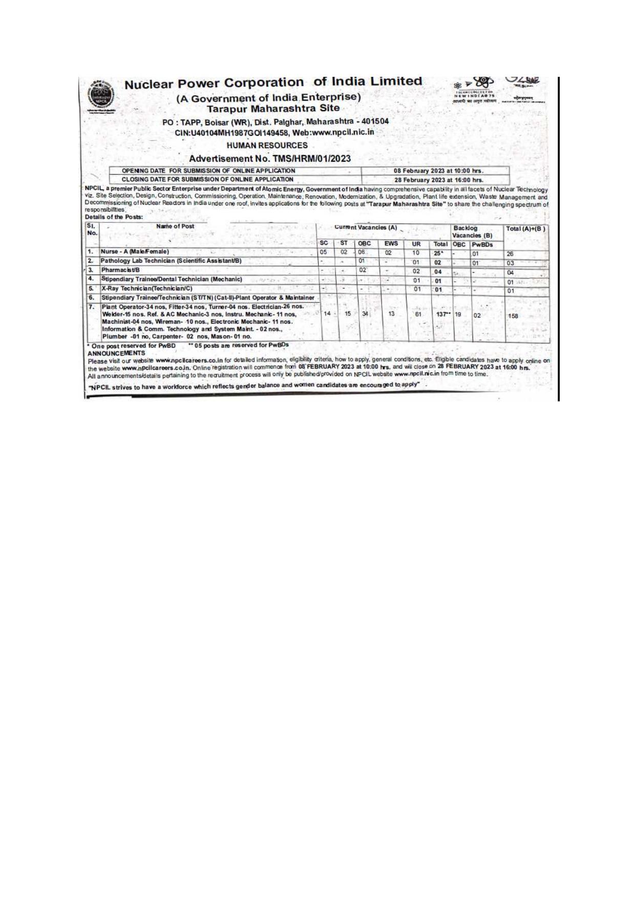 NPCIL Nurse, Stipendiary Trainee and Various Posts Recruitment 2023 - Page 1