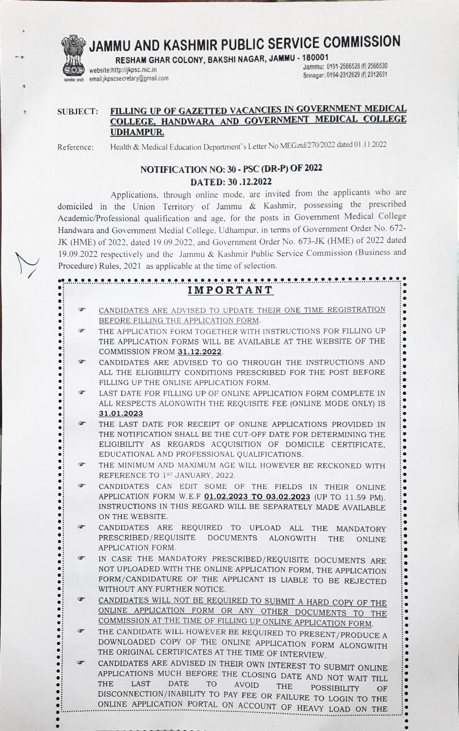 Jammu and Kashmir Public Service Commission Invites Application for 136 Assistant Professor Recruitment 2023 - Page 1