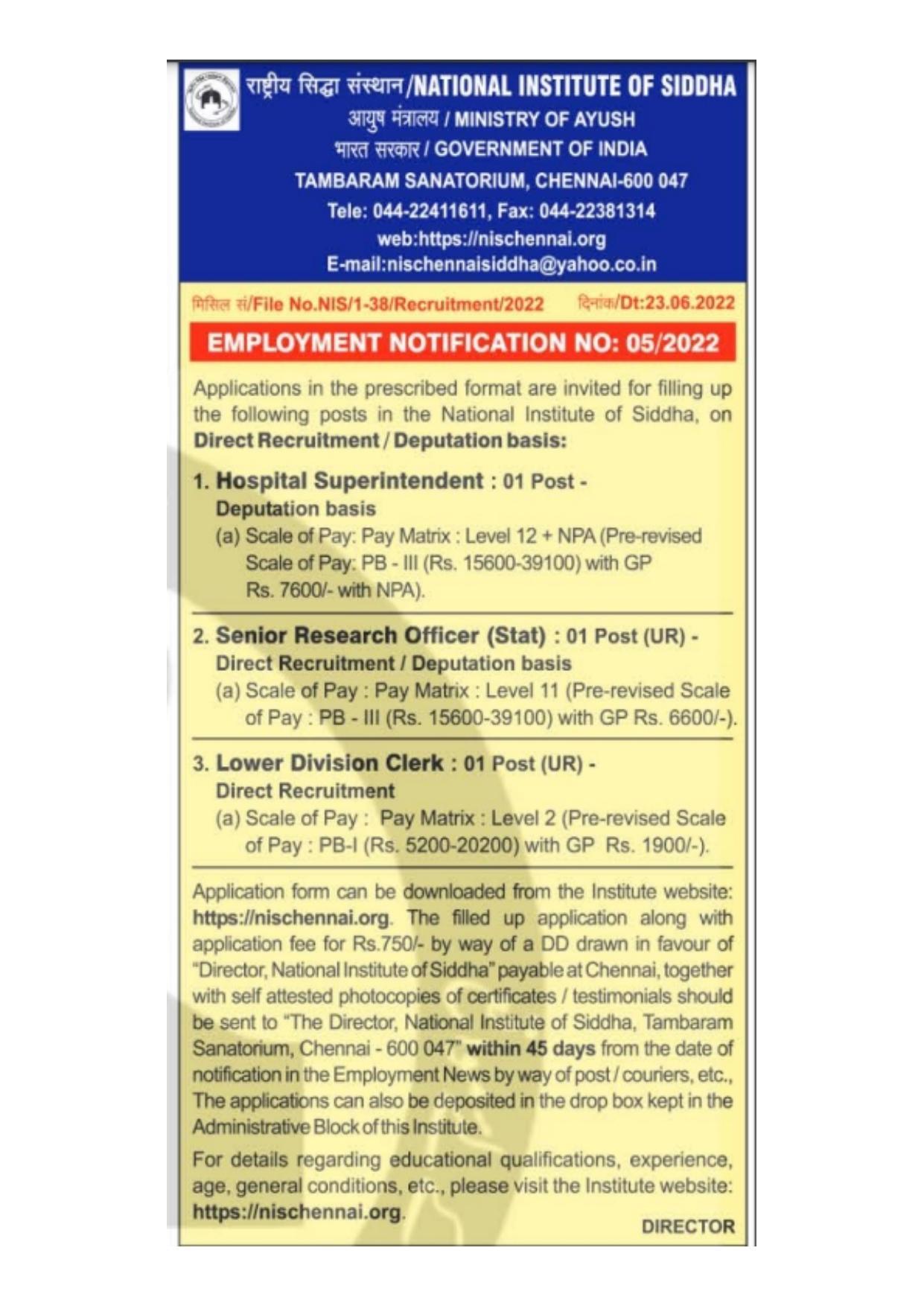 National Institute of Siddha Invites Application for LDC, SRF, Hospital Superintendent Recruitment 2022 - Page 1