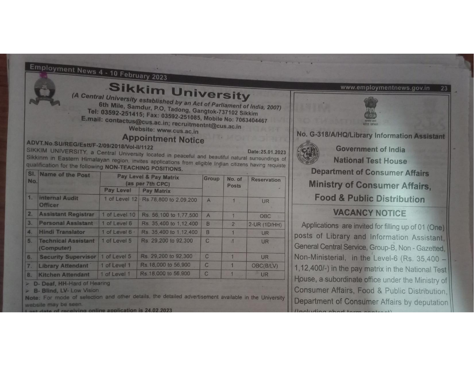 Sikkim University Non-Teaching Positions Recruitment 2023 - Page 1