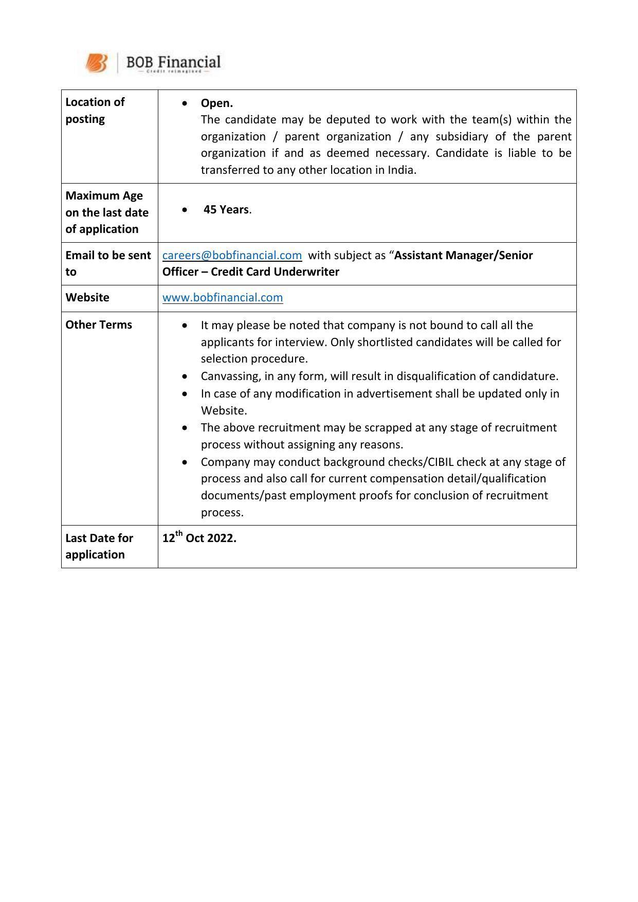 BOB Financial Invites Application for Assistant Manager/ Senior Officer Recruitment 2022 - Page 1