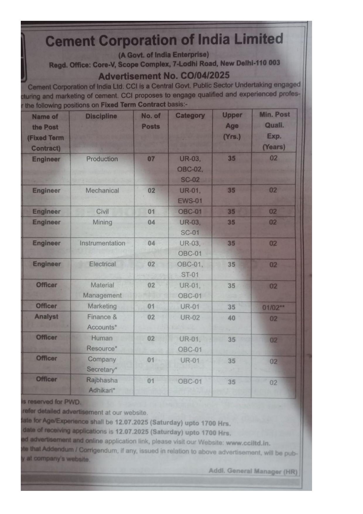 Cement Corporation Of India (CCI) Engineer, Officer, Analyst Recruitment 2025 - Page 1