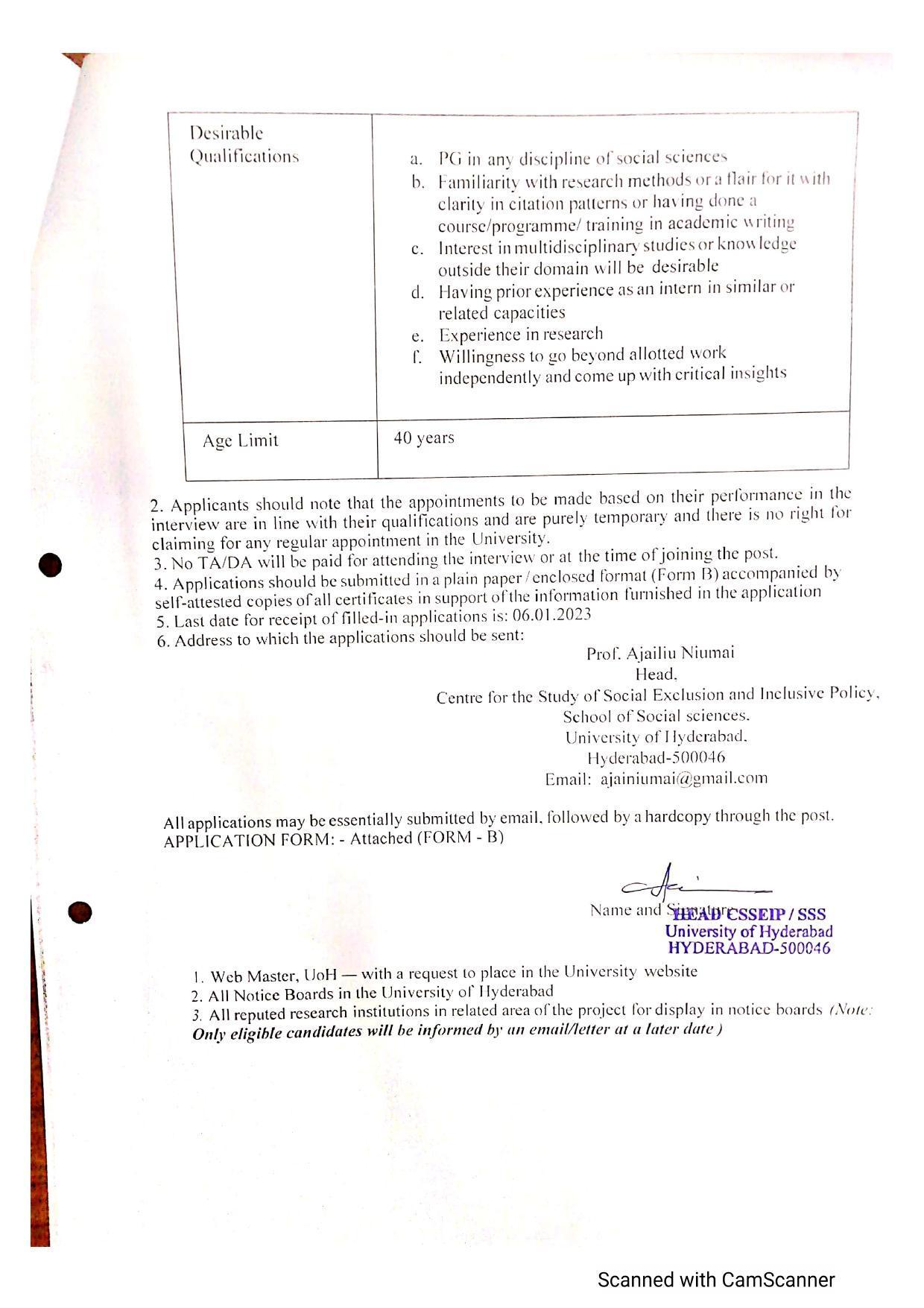 University of Hyderabad (UoH) Invites Application for Research Intern Recruitment 2022 - Page 1