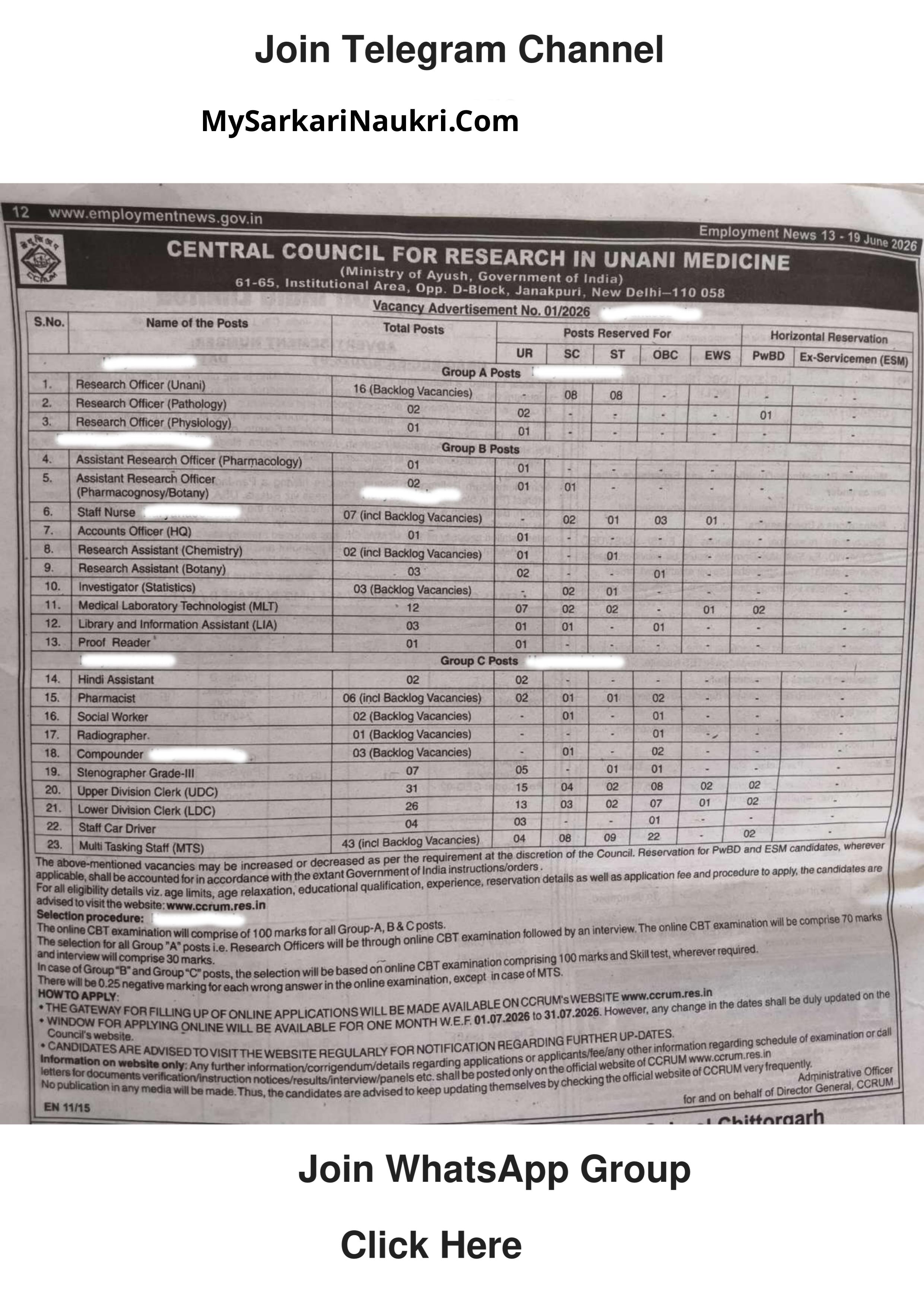 CCRUM Recruitment 2026 for 179 Group A, B & C Posts – Apply Online @ ccrum.nic.in - Page 1