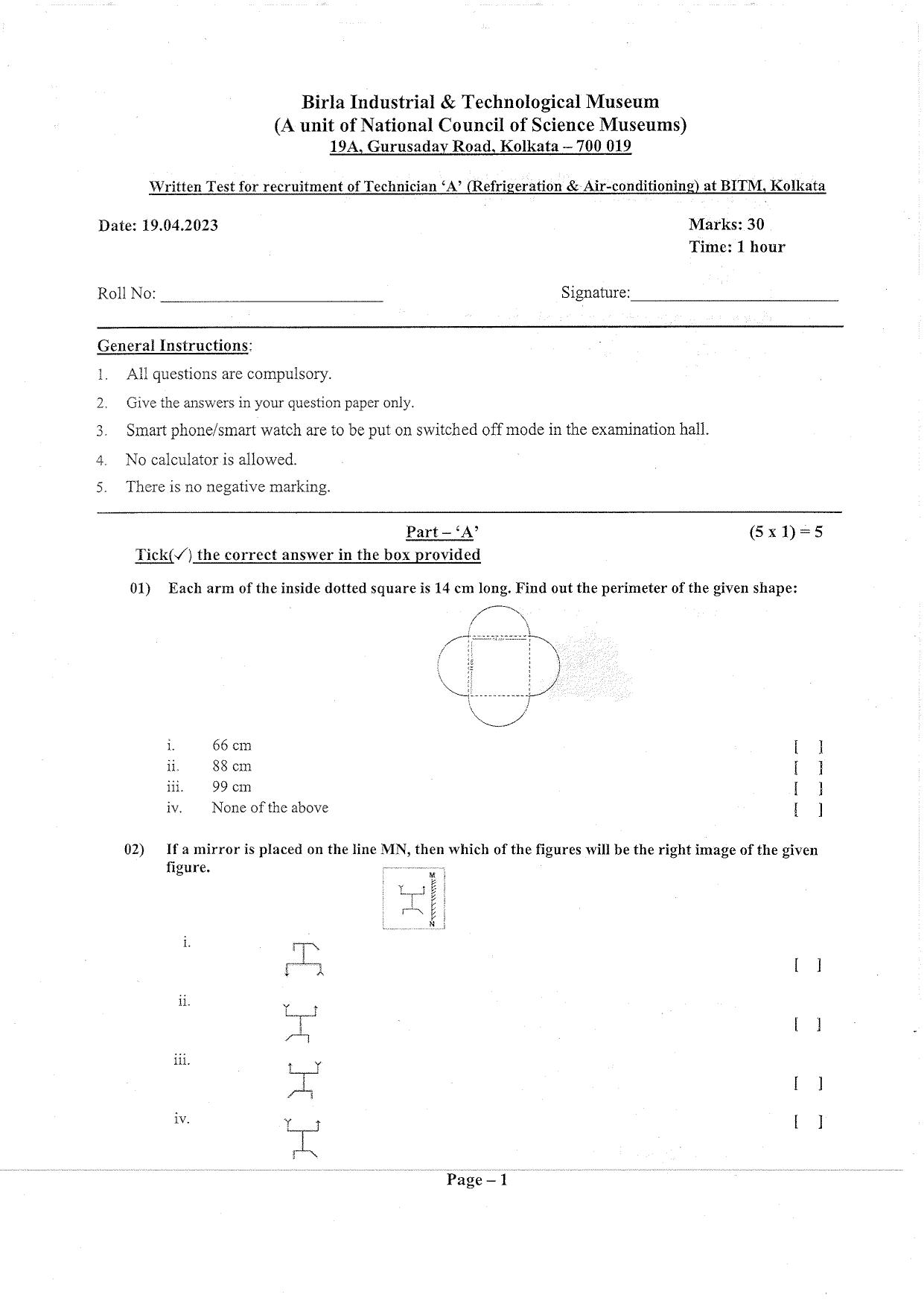 Question Paper of Technician ‘A’ (Refrigeration & Air Conditioning) - Page 1