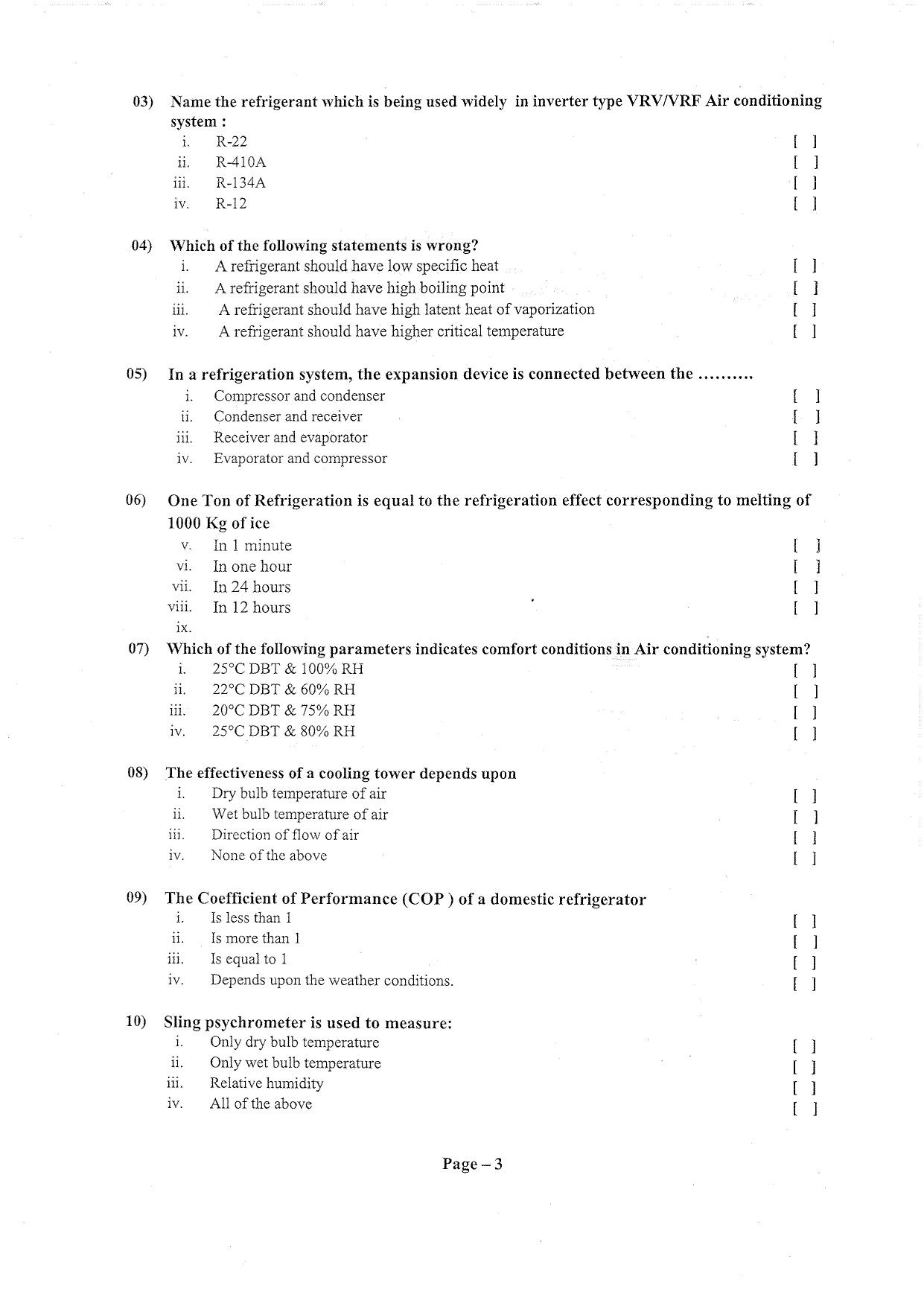 Question Paper of Technician ‘A’ (Refrigeration & Air Conditioning) - Page 3