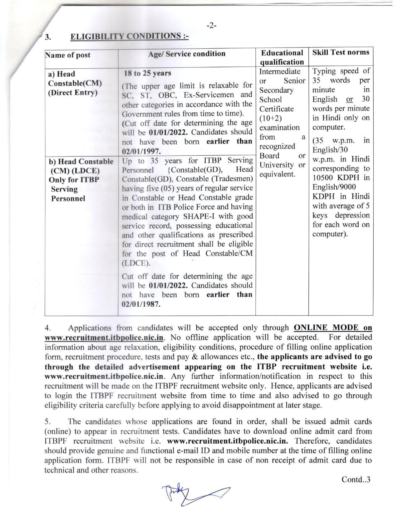 Indo Tibetan Border Police Force (ITBP) Invites Application for 248 Head Constable Recruitment 2022 - Page 1