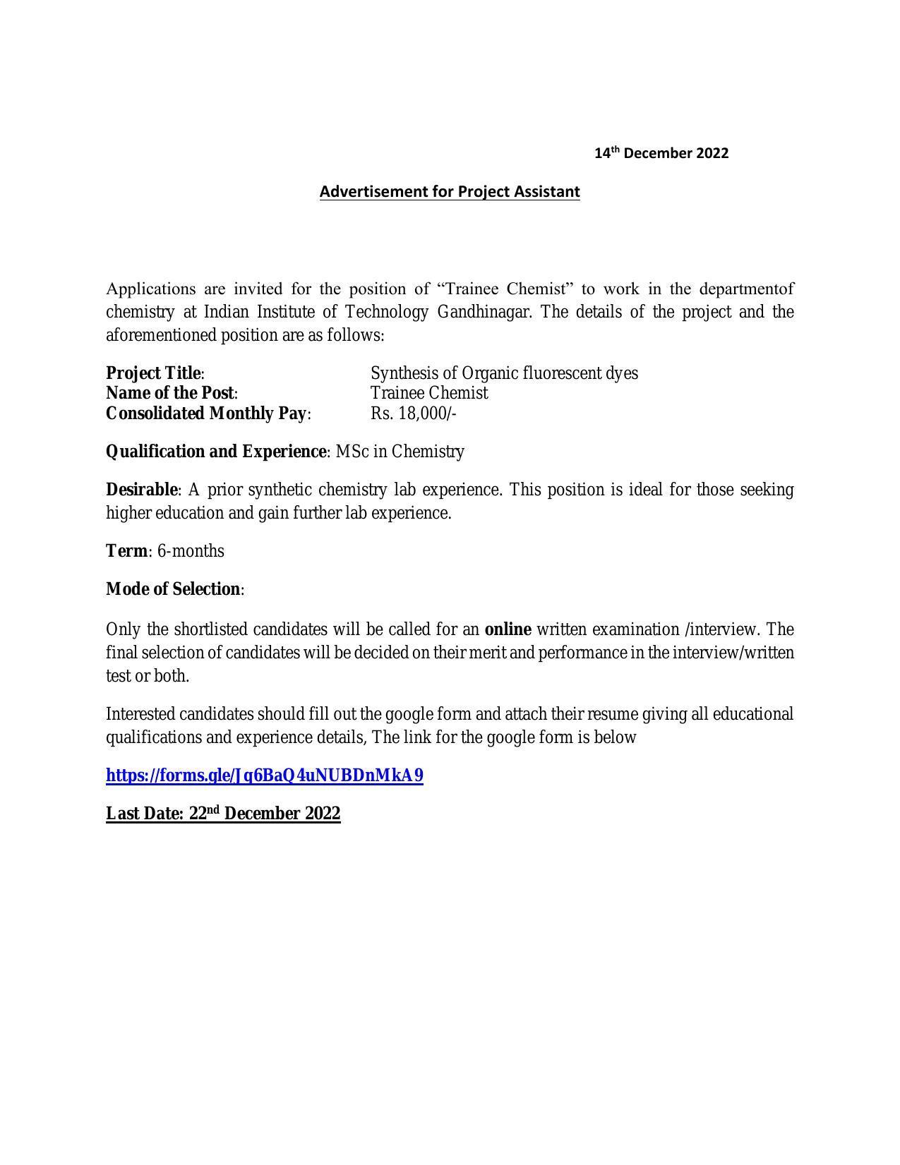 IIT Gandhinagar Invites Application for Trainee Chemist Recruitment 2022 - Page 1