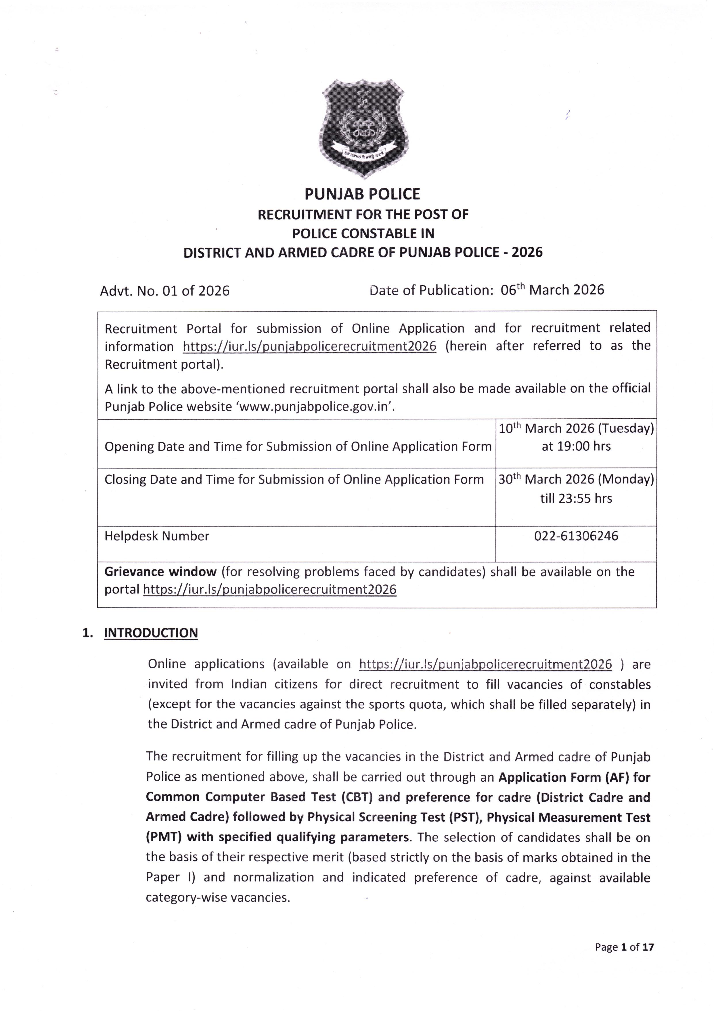 Punjab Police Constable Recruitment 2026: Apply Online for 3298 Vacancies - Full Notification, Eligibility, Salary - Page 1