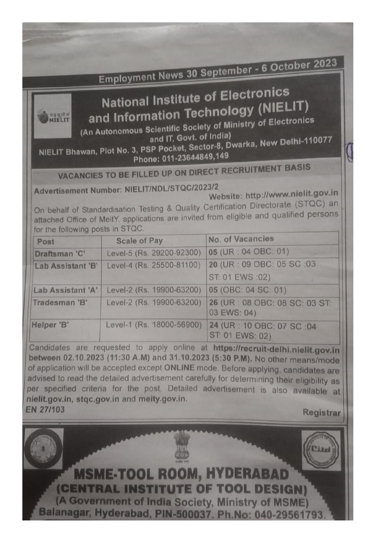 NIELIT 80 Lab Assistant and Various Posts Recruitment 2023 - Page 1