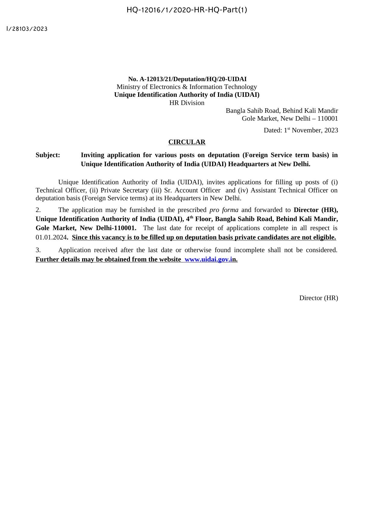 UIDAI Technical Officer and Various Posts Recruitment 2023 - Page 1