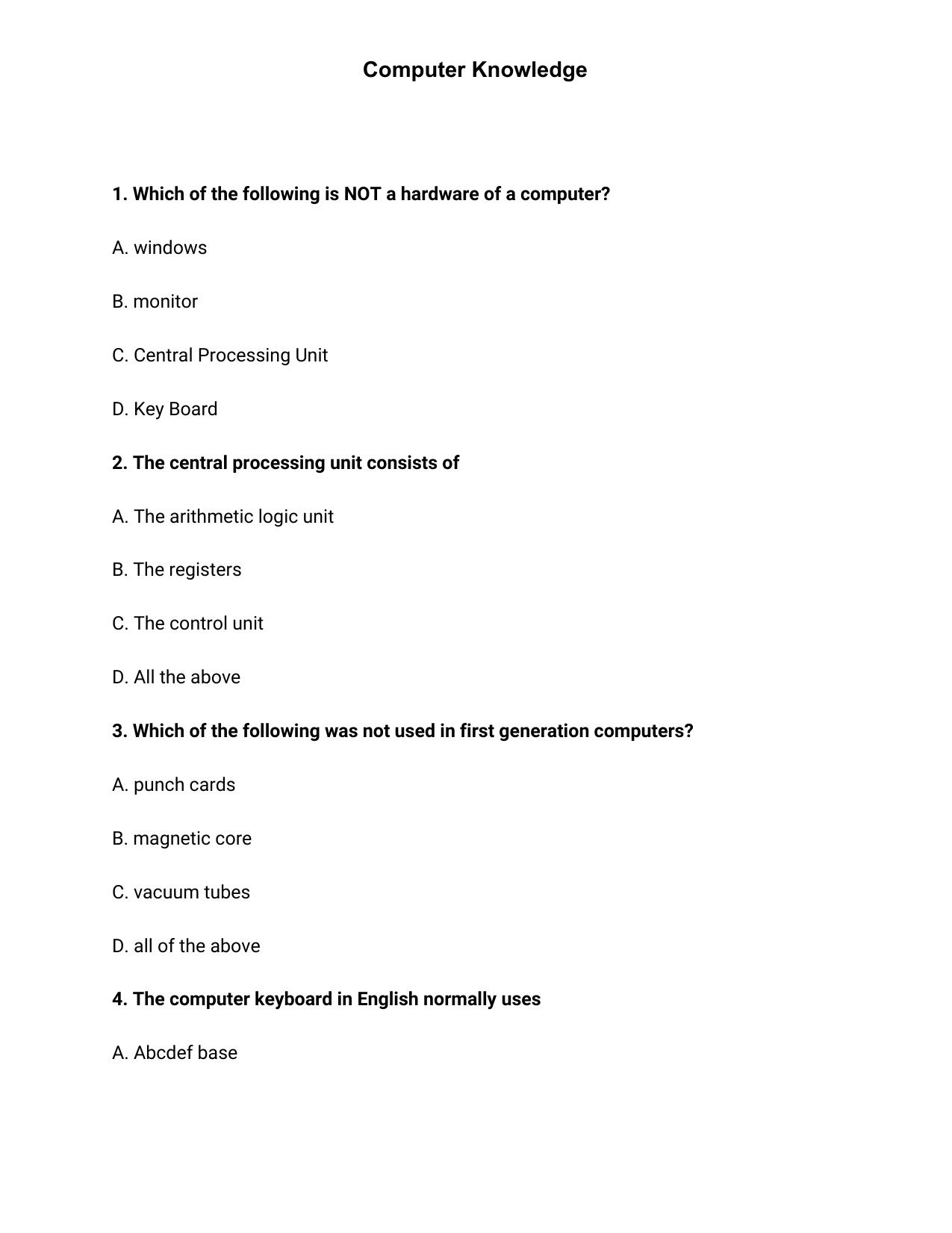JK Accounts Assistant Previous Question Papers for Knowledge of Computer Applications - Page 1