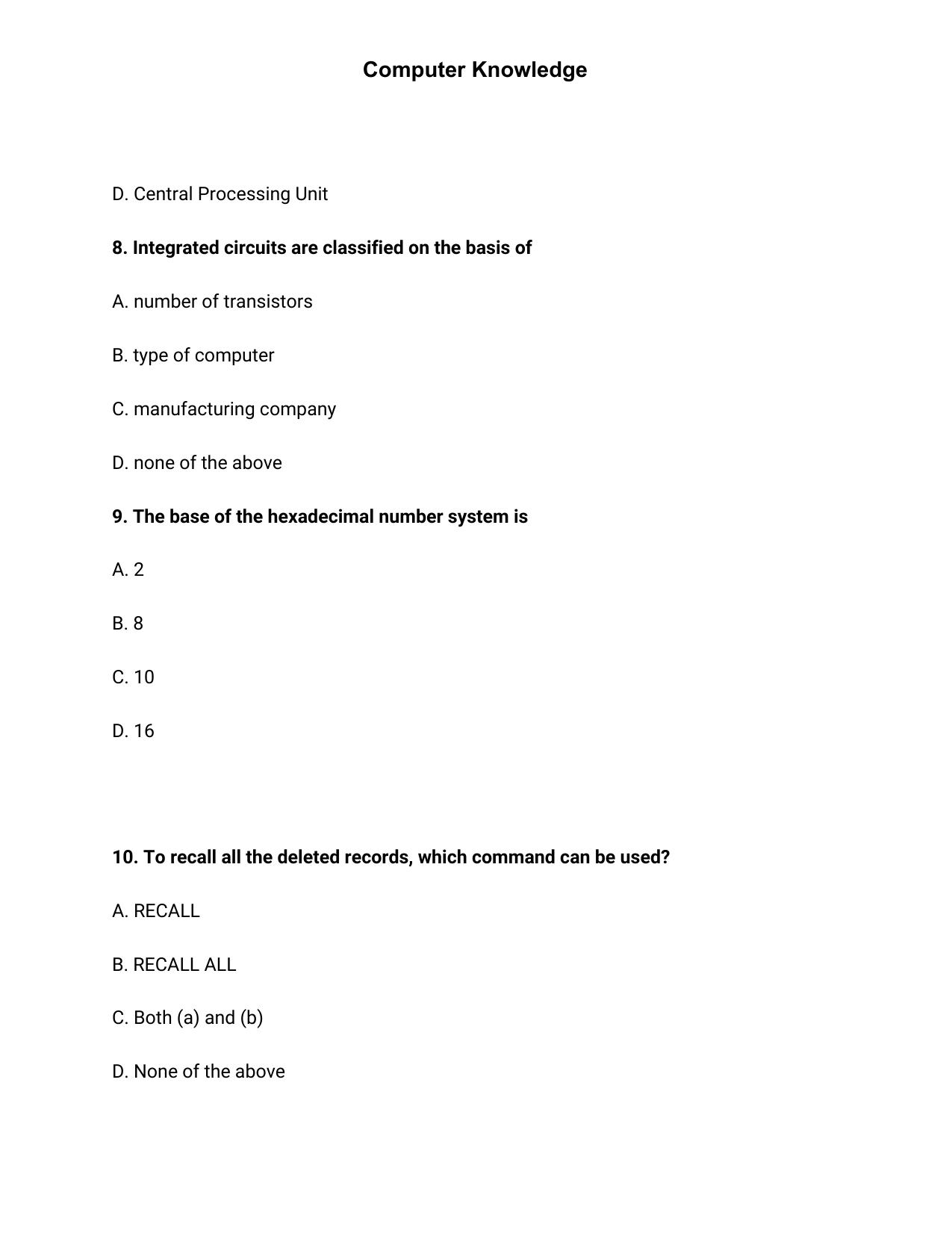 JK Accounts Assistant Previous Question Papers for Knowledge of Computer Applications - Page 3