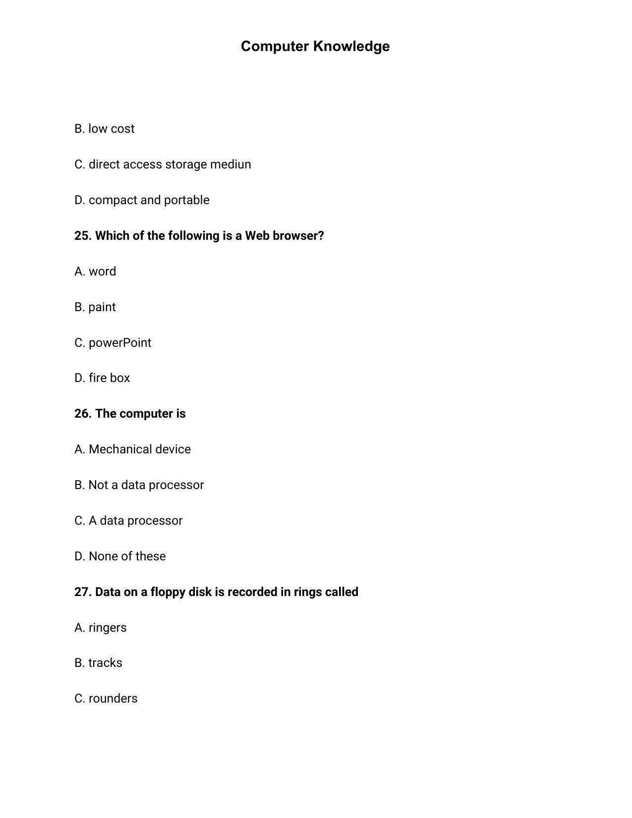 JK Accounts Assistant Previous Question Papers for Knowledge of Computer Applications - Page 8