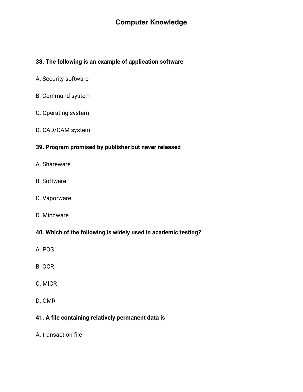 JK Accounts Assistant Previous Question Papers for Knowledge of Computer Applications - Page 12